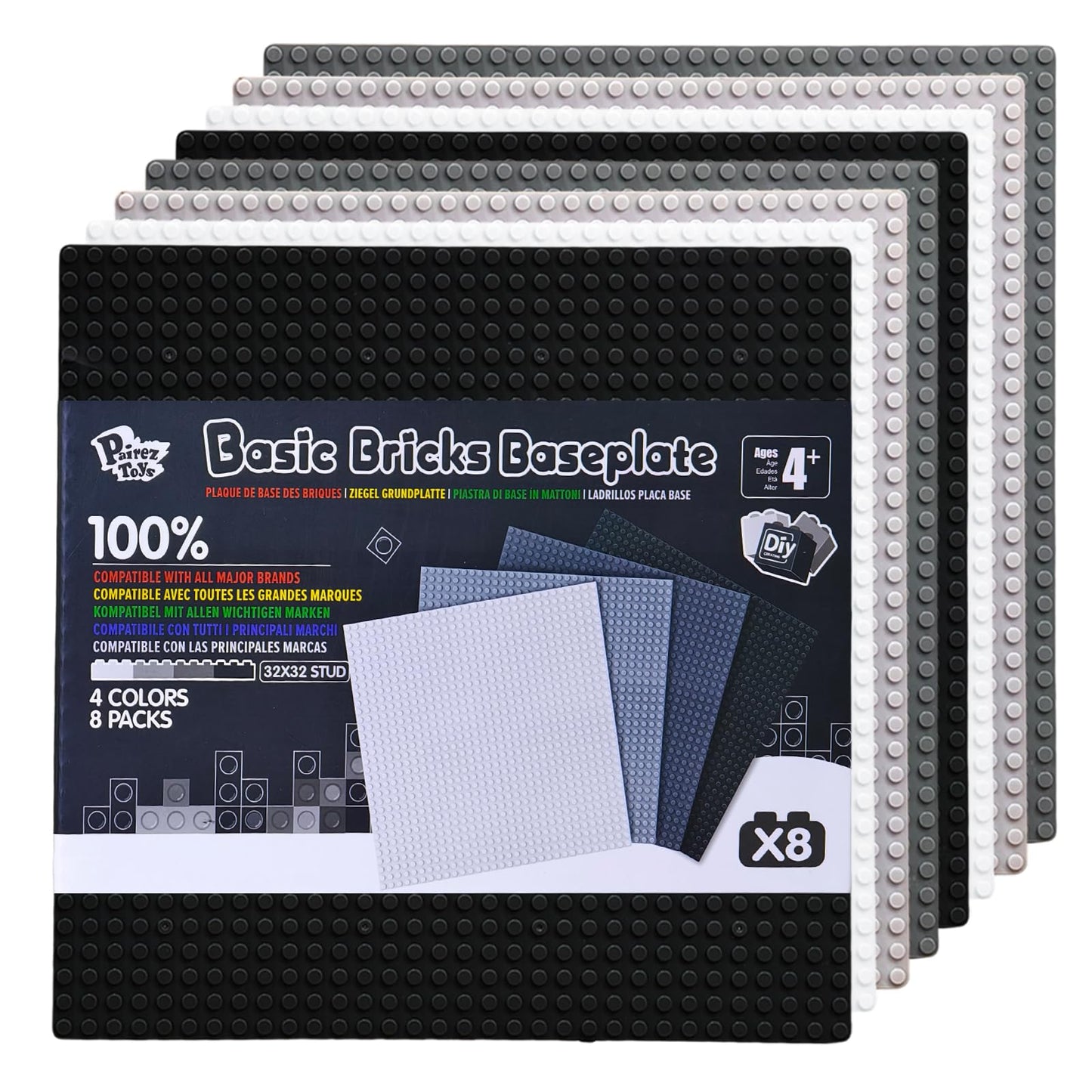 Pairez Toys Classic Baseplates, 10''  10    Base Plates Multipack For Building Bricks, Compatible With All Major Brands, 8 Pack,