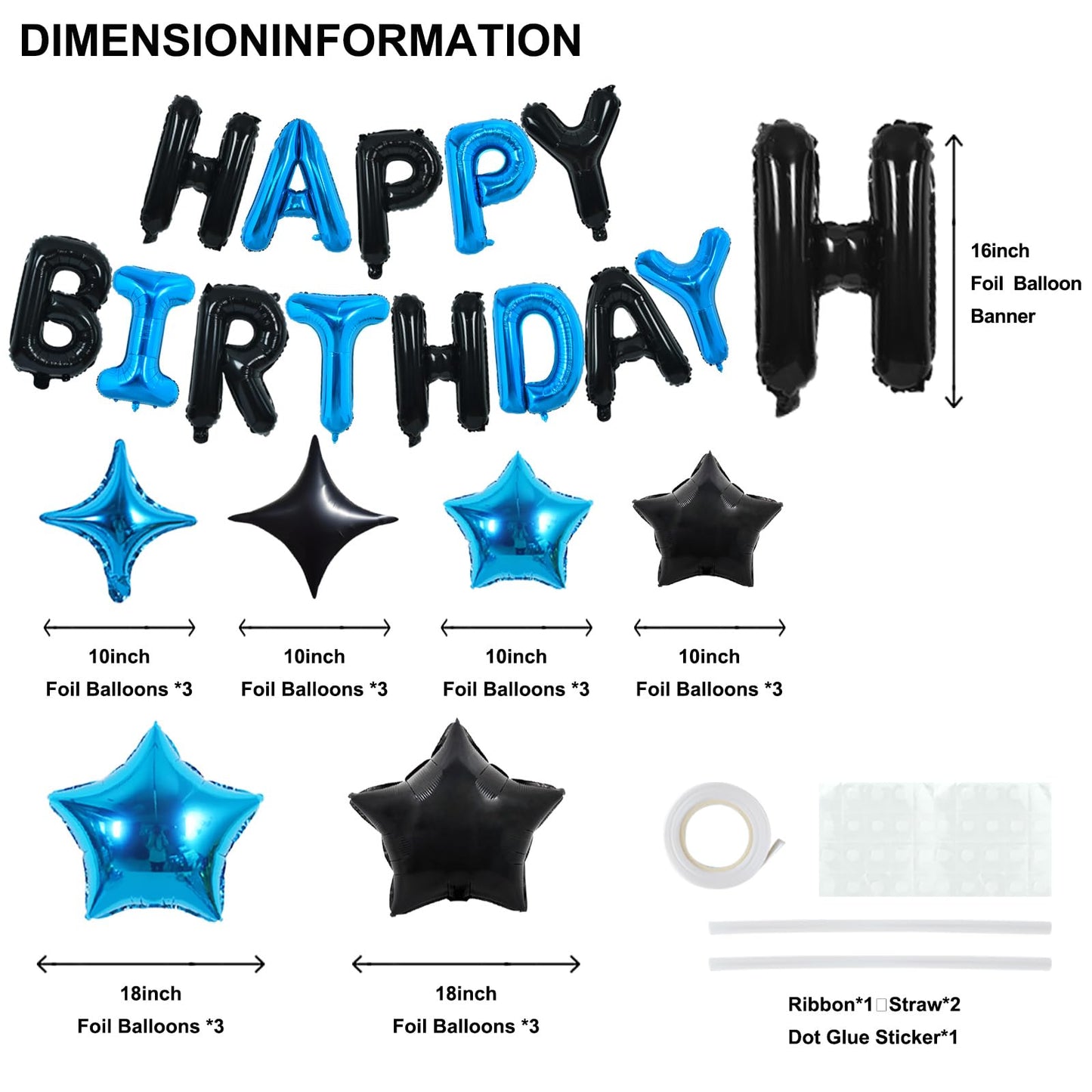TONIFUL 35PCS Black Blue Birthday Decorations Kit - 16 Inch Happy Birthday Balloon Banner & Star Balloons for All Ages