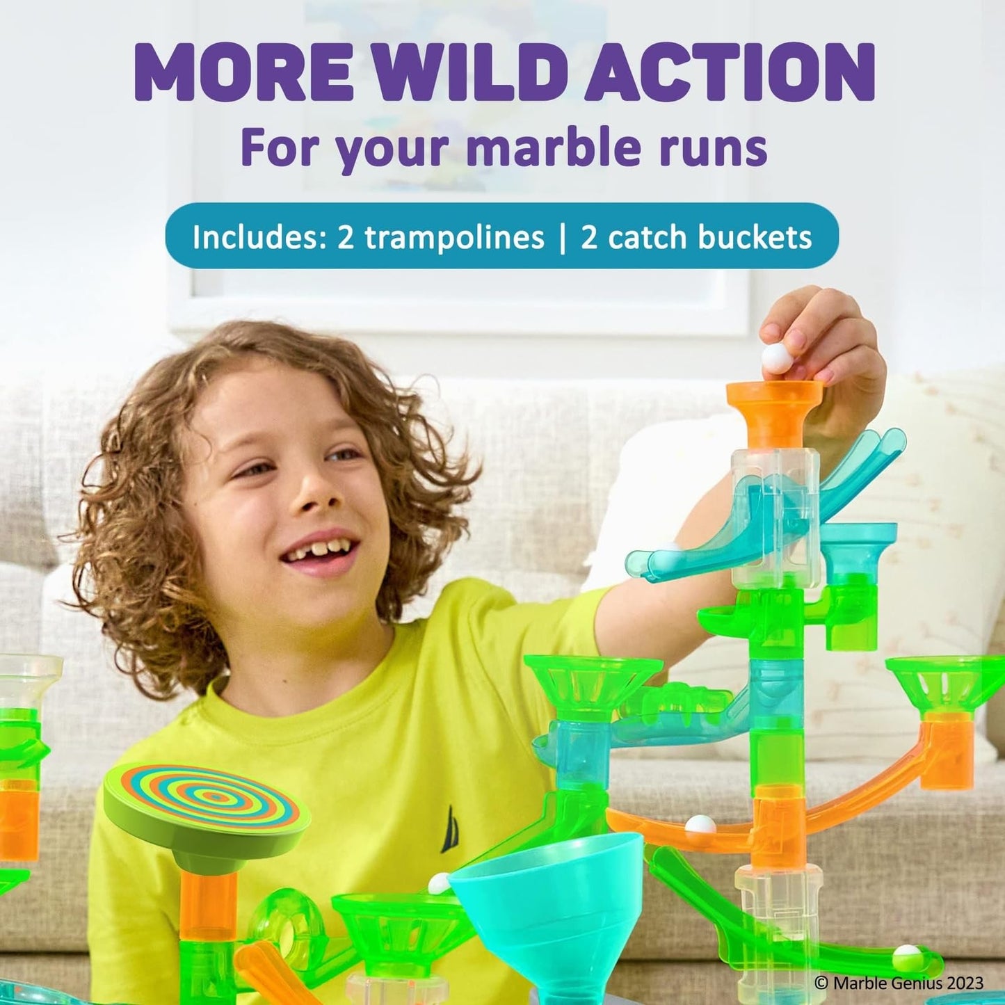 Marble Genius Stunts Trampoline Set: Includes 2 New Patented Trampolines And 2 Catch Buckets, Compatible With Other Marble Geniu