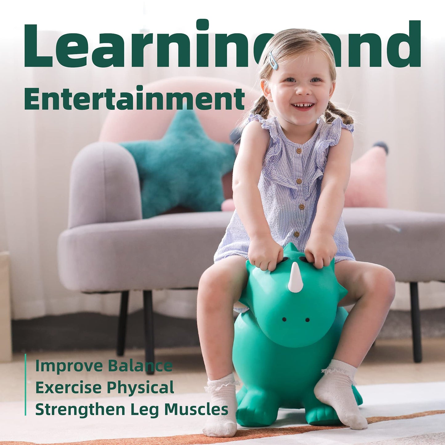 EVERICH TOY Inflatable Triceratops Bouncer, Medium Green PVC Kids Ride-On Hopper for 18 Months to 4 Years Old