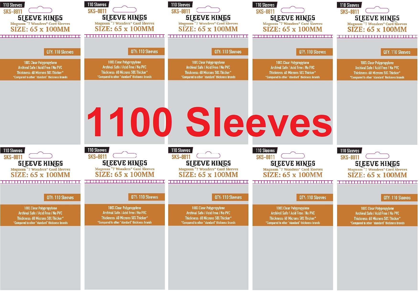 Sleeve Kings Magnum ''7 Wonders'' Card Sleeves 65 X 100 Mm (10X110 Pack, 1100 Sleeves)