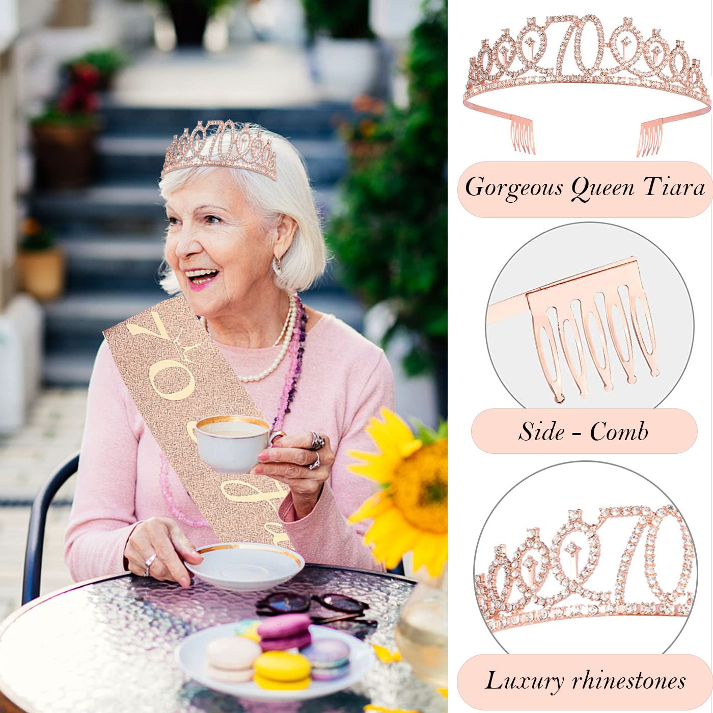 70th Birthday Gifts Decorations for Women, Including 70th Happy Birthday Cake Toppers, Birthday Queen Sash with Pearl Pin, Sweet
