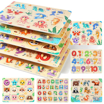 Grinnnie Wooden Puzzles For Toddlers 1 2 3 Years Old, Montessori Toddler Toys 5Pcs Peg Puzzles With Knob - Number, Alphabet, Shape, And Animal, Great Gifts For Boys Girls