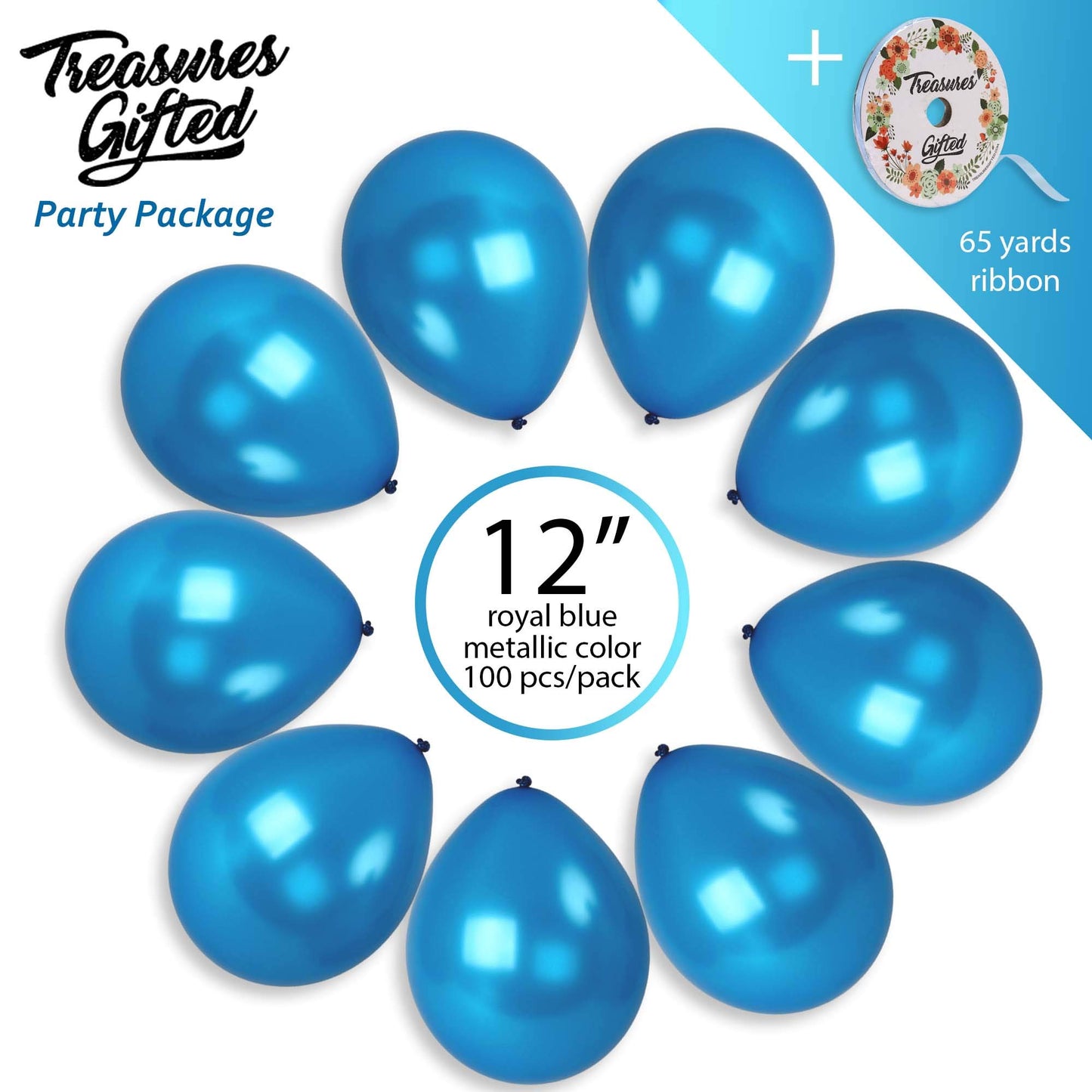 Treasures Gifted Metallic Royal Blue Balloons, 12 Inch Rubber, 100 Pack with Ribbon - Pearlized Dark Blue Latex Balloons