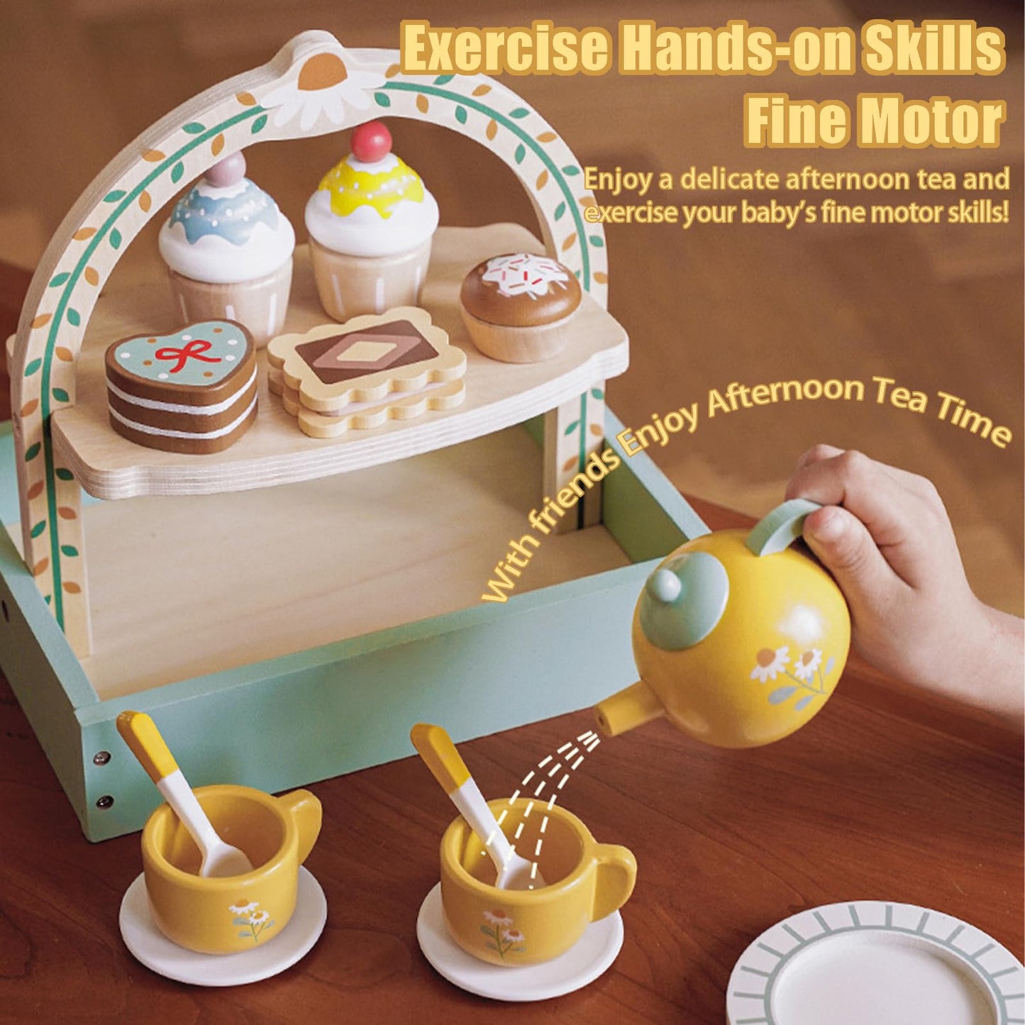 Masonbaby Tea Party Set,Tea Sets for Toddlers 3-5,Kids Tea Set with Dessert Cookies & Cake Stand, Non-Toxic Wooden Tea Party Set