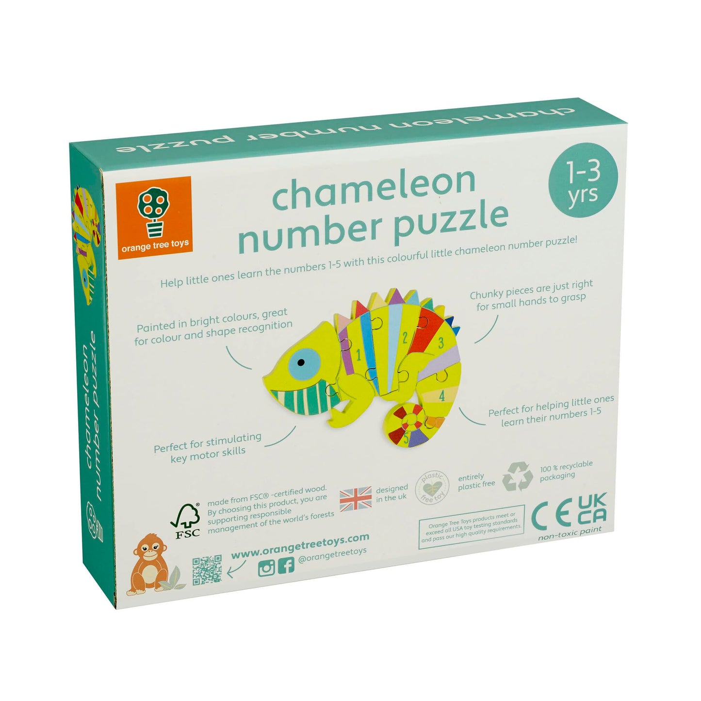 Orange Tree Toys: Chameleon Number Puzzle - 6 Piece Wooden Animal Shaped Puzzle, Learn Numbers 1-5, Colorful Educational Toy, To