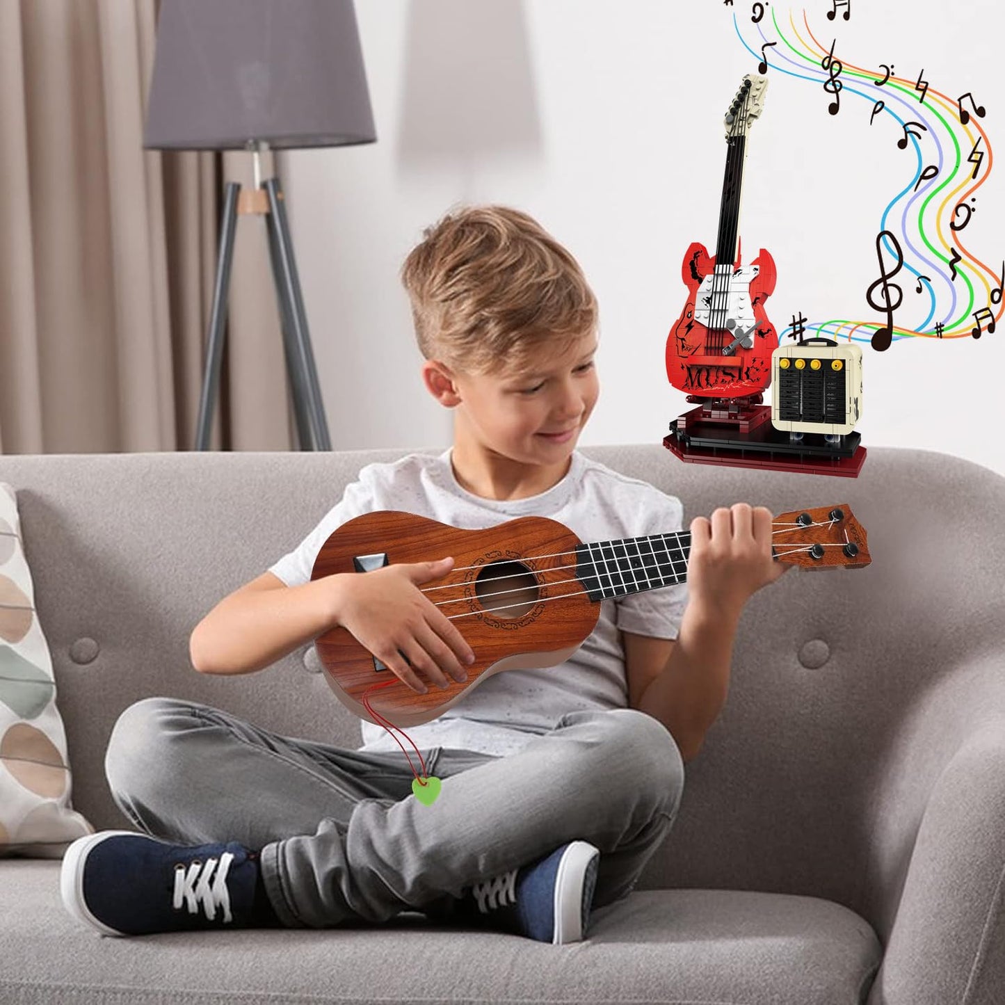 Xydongtong Guitar Music Interactive Building Set For Music Lovers, Diy Guitar Model Toy Compatible With Lego,Reverb Amplifier &