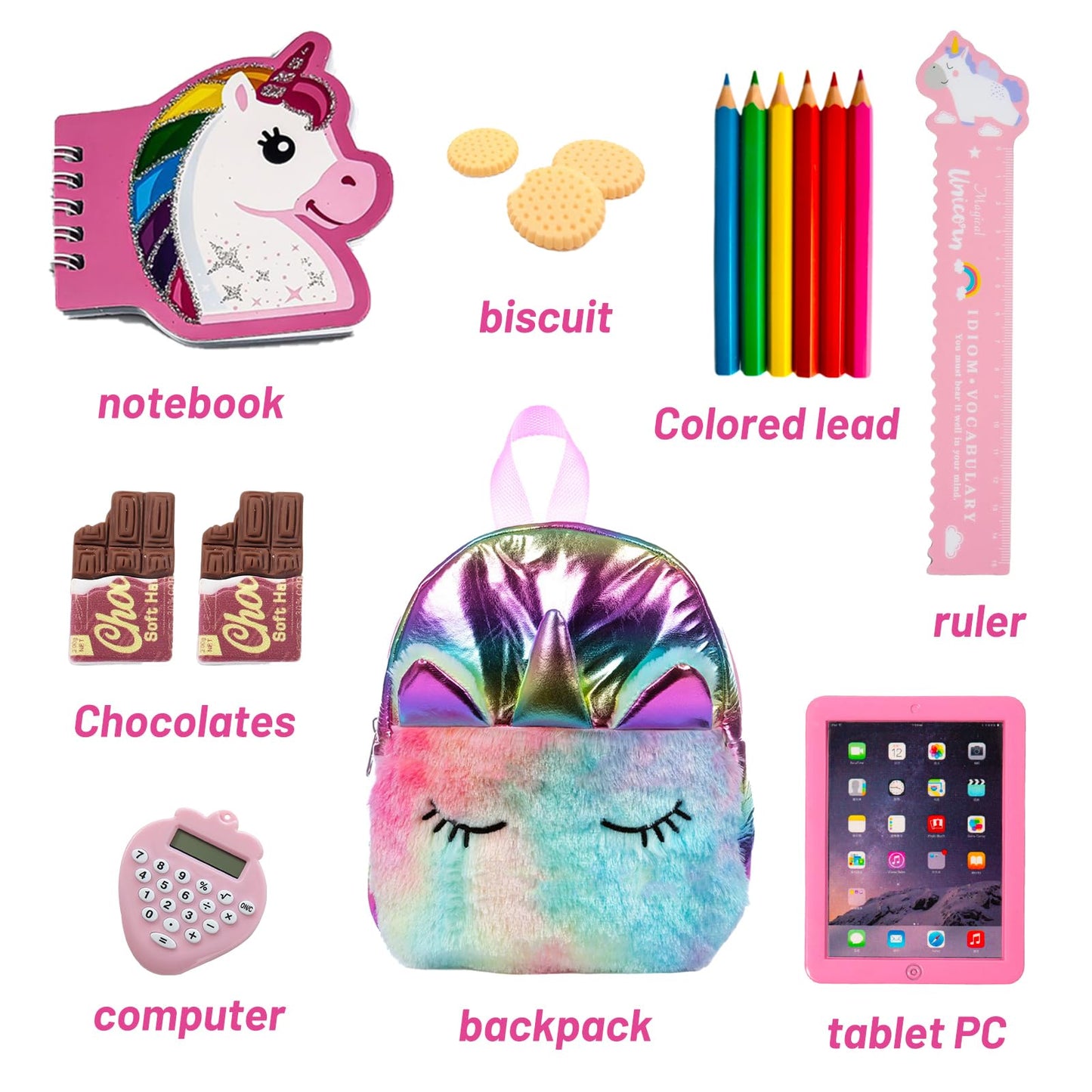 Dontno American 18 Inch Doll Accessories, Cute School Supplies Set For 18 Inch Doll- Doll Clothes, Denim Suspenders, Doll Bag, Pencil, Ruler, American Doll For Kids
