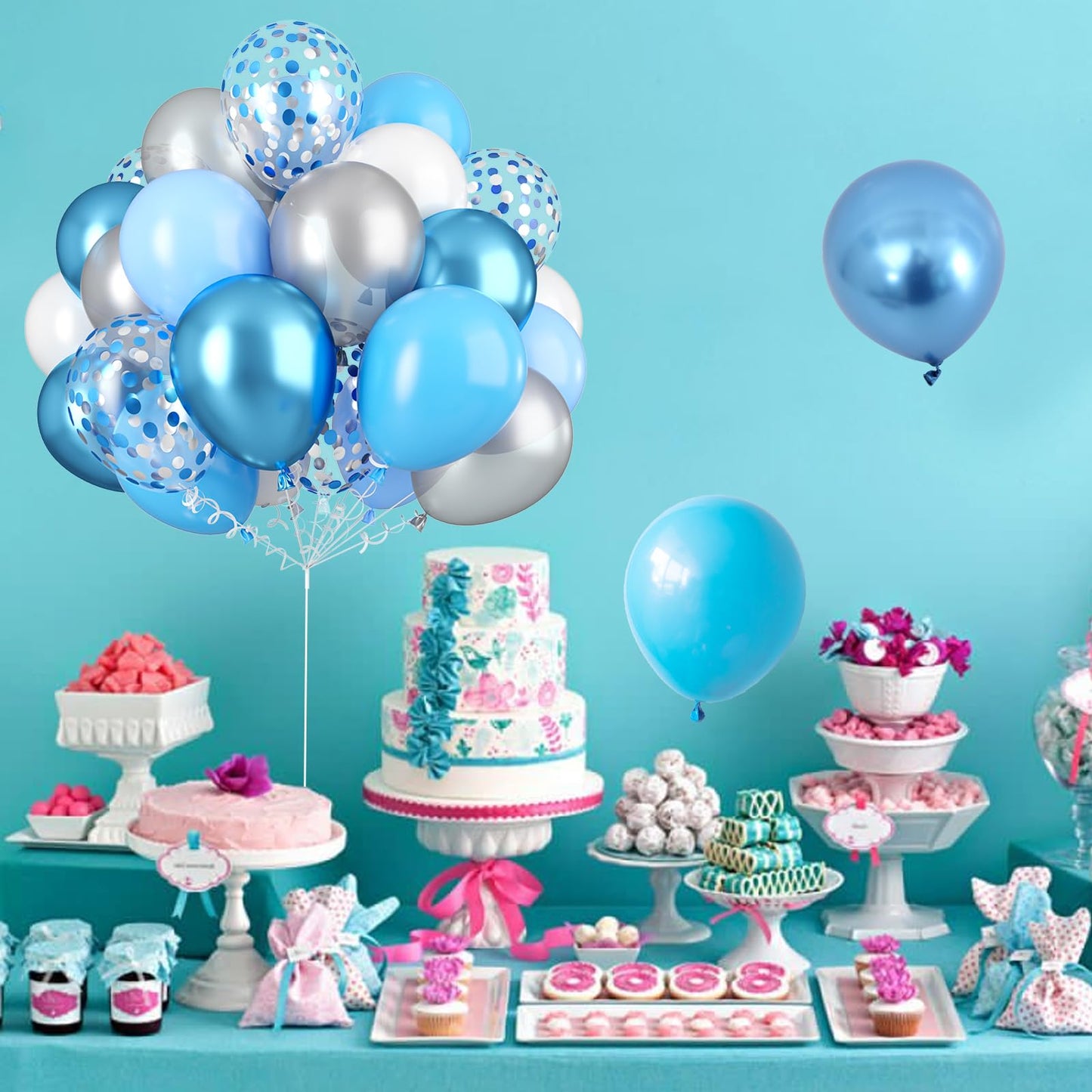 Blue Silver White Confetti Balloons Kit, Light Blue Metallic Blue Pastel Blue And Pearl Silver Birthday Balloons, Blue Silver Co