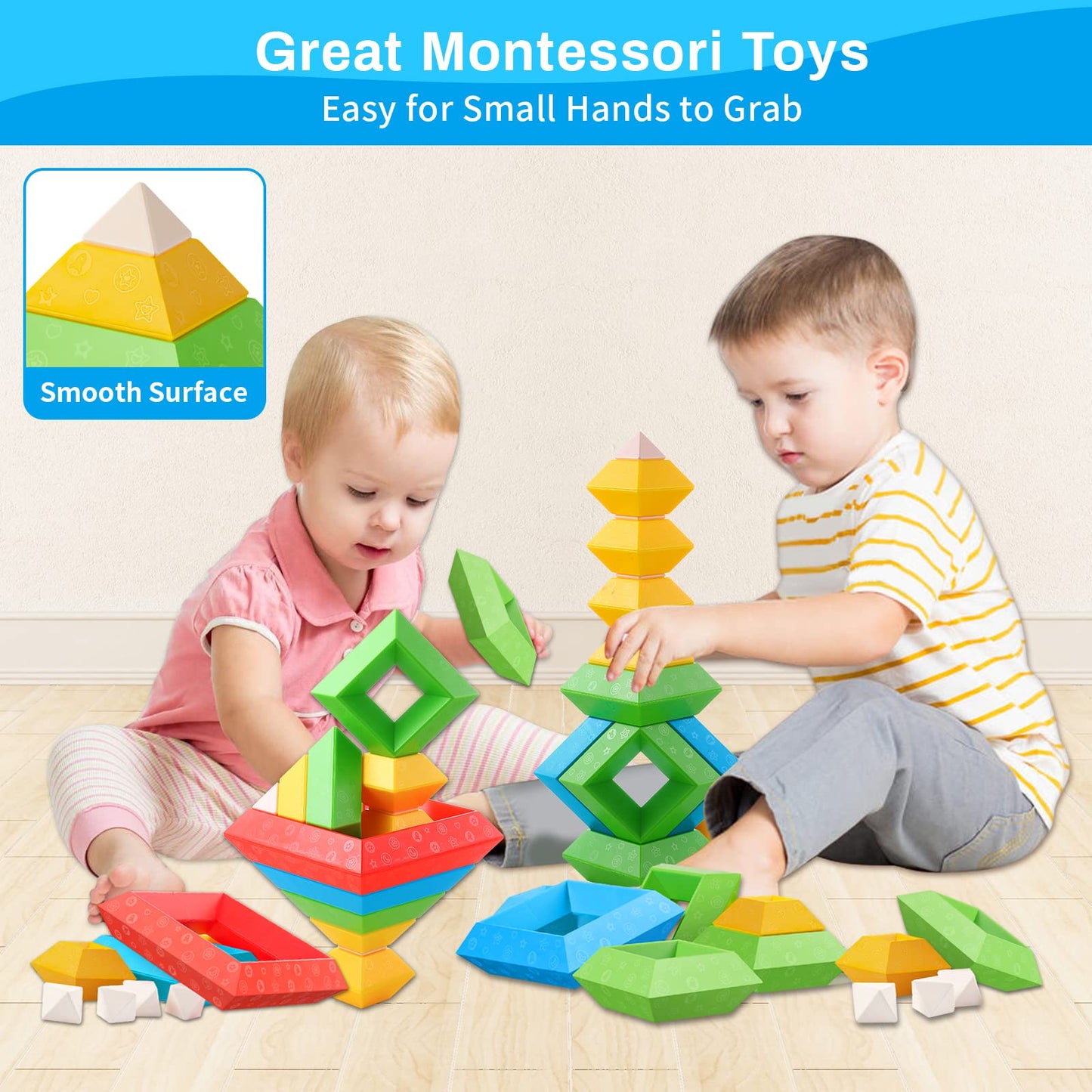 Hieoby Montessori Toys - 30Pcs Building Blocks, Educational STEM Sensory Gifts for Toddlers Age 1-4, Multicolor, 7"x9"x3.7"