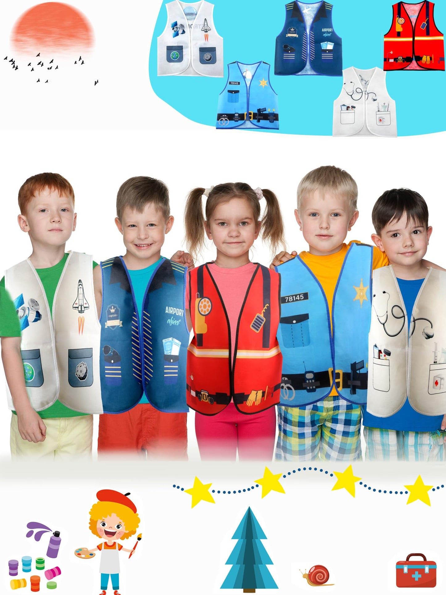 Puteraya 15 Pcs Kids Community Helper Dress Up Vest Career Cosplay Clothes Occupation Costumes For Toddlers Role Pretend Play
