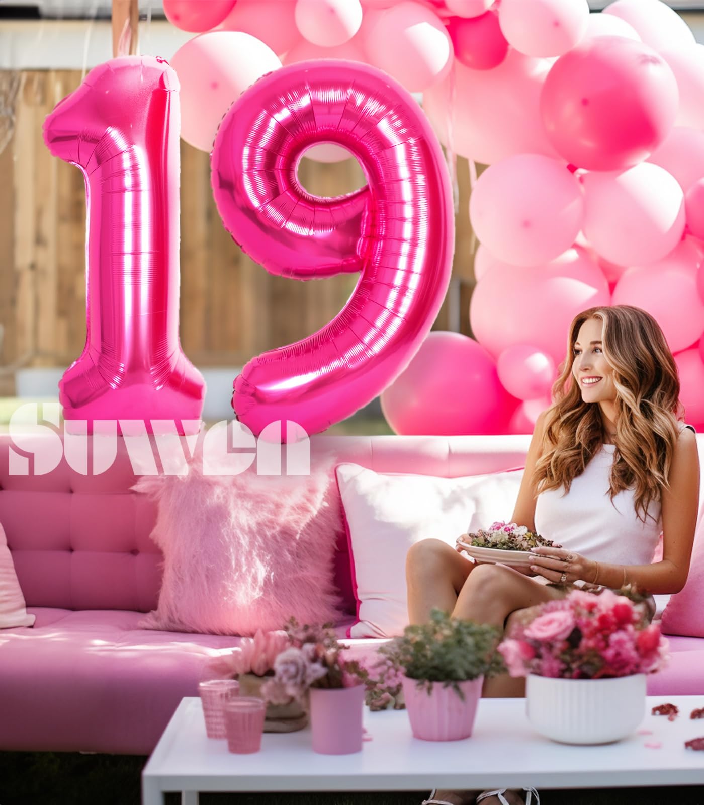 Suwen 40 Inch Hot Pink Large 19 Number Balloons Big Foil Helium Number Balloons 0-9 Jumbo Happy 19Th Mylar Birthday Party Decora