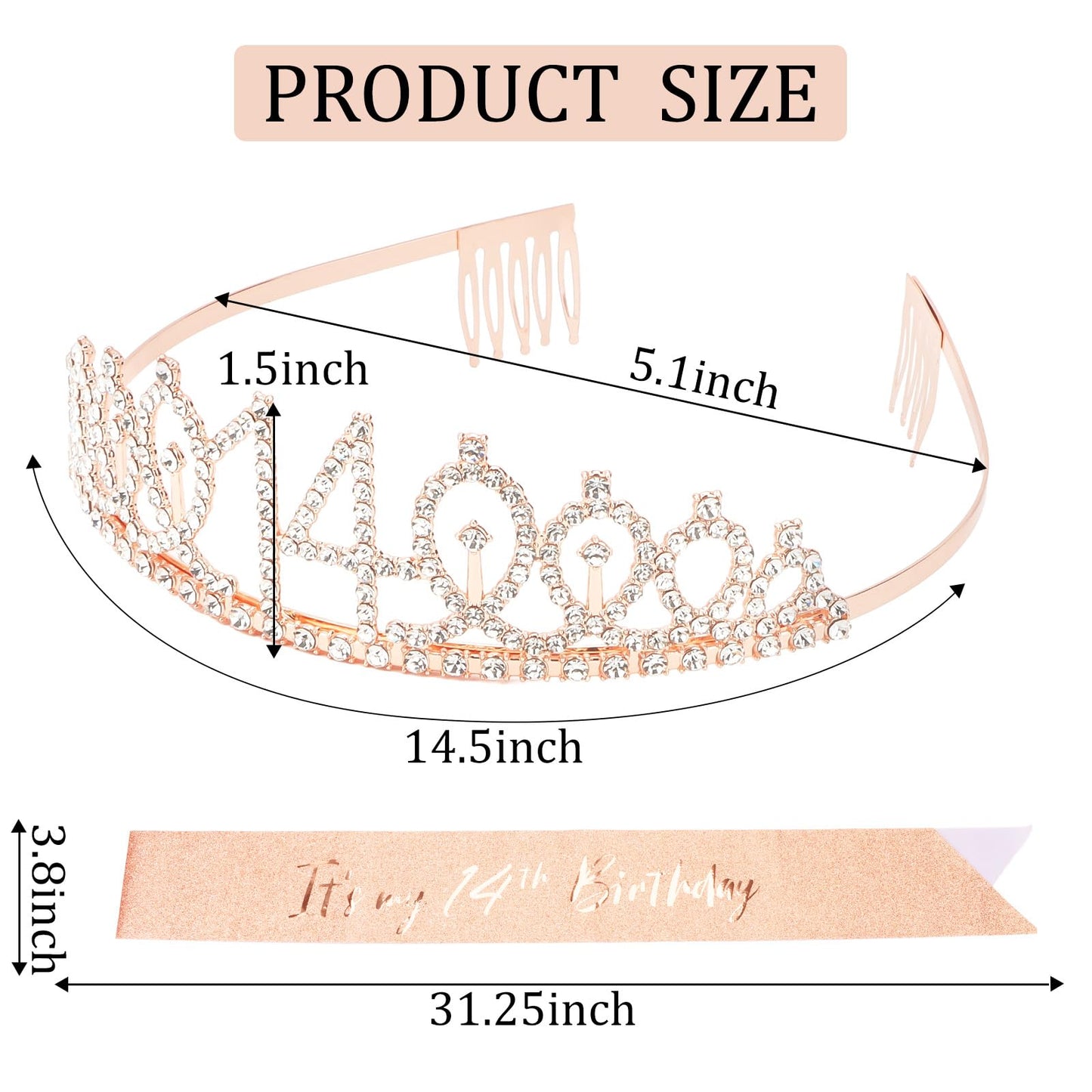 CIEHER 14th Birthday Crown and Sash for Girls, It s My 14 Bday Sash, 14th Birthday Decorations Rose Gold