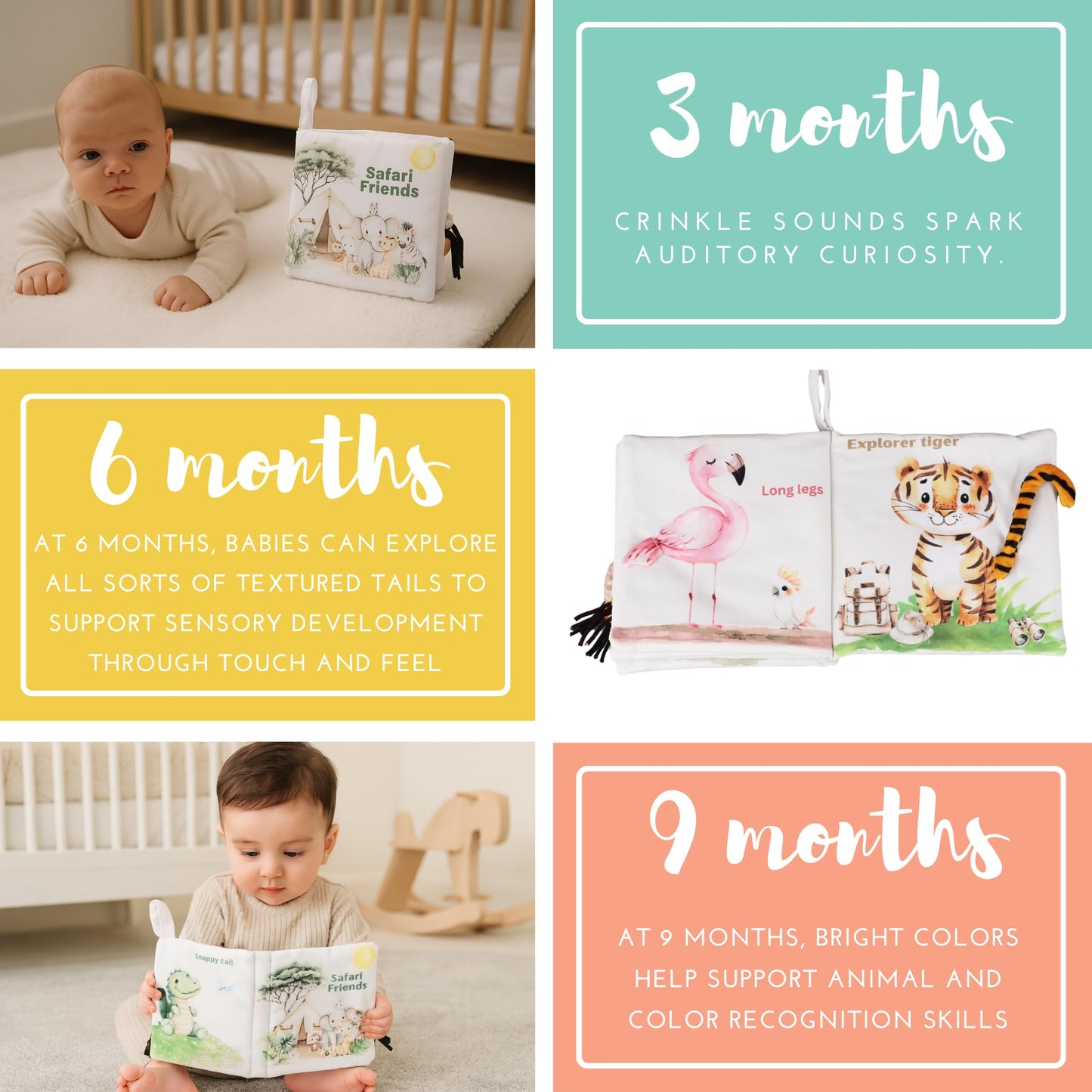 Ali+Oli Baby Cloth Book - Soft Sensory Crinkle Toy for Infants 0-12 Months - BPA Free Silicone - Safari Friends - Standard Size - White