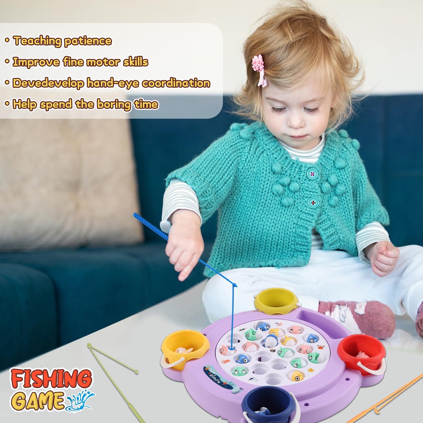 Pakoo Magnetic Fishing Game Toys, Rotating Board Game With Music Including 21 Fishes, 4 Random Color Fishing Poles And 4 Small Fish Buckets, Party Game Toys For Kids Age 4 5 6 7 8 And Up