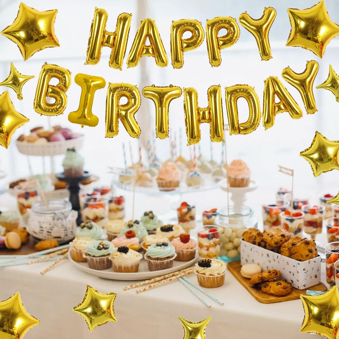 TONIFUL 35PCS Gold Happy Birthday Decorations Kit 16 Inch Happy Birthday Balloon Banner with Star Balloons Mylar Foil Birthday P