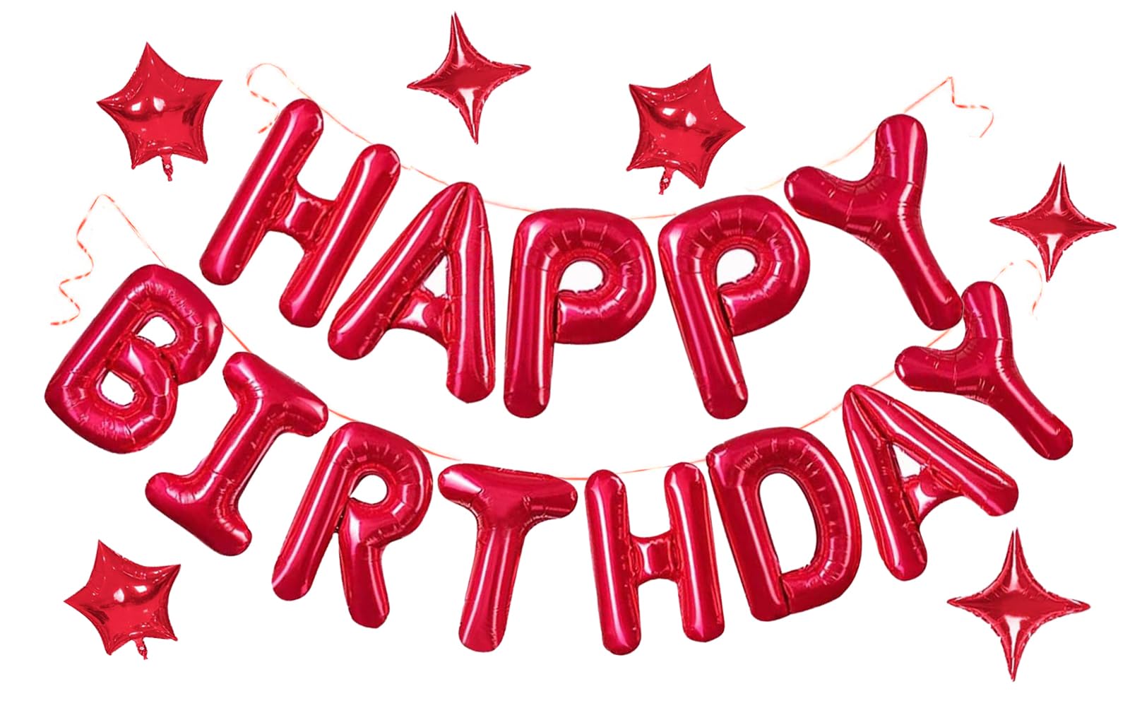 Red Happy Birthday Balloons Banner, 3D Mylar Foil Letter Birthday Balloons With 6Pcs Star Balloons, Birthday Party Decorations F
