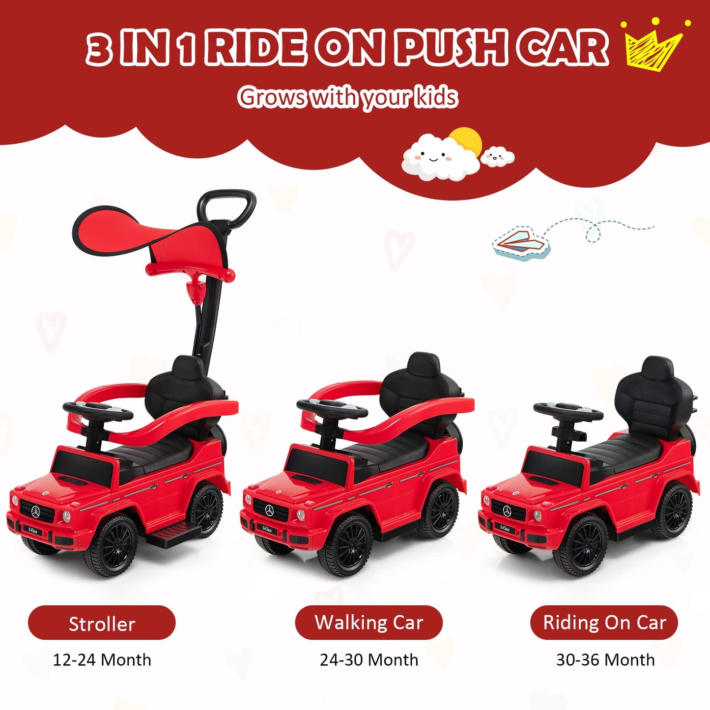 Honey Joy Push Cars For Toddlers, Mercedes Benz Kids Toy Car Stroller W/Push Handle & Detachable Guardrail, Horn & Engine Sound,