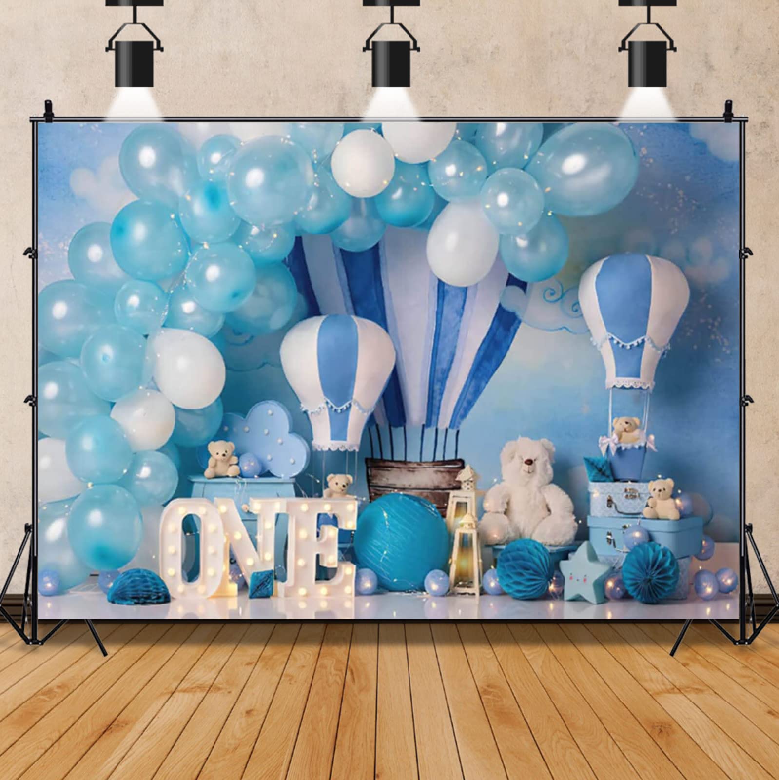 Boy One Birthday Party Backdrop Blue White Hot Air Balloon Little Bear Photography Background 1St Birthday Photo Booth Kids Boys