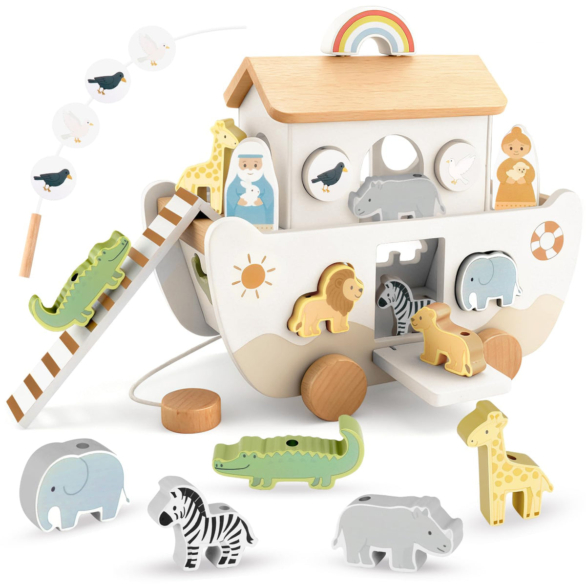 Wooden Noahs Ark Toy for Toddlers 13, Baptism Gift for Boys and Girls