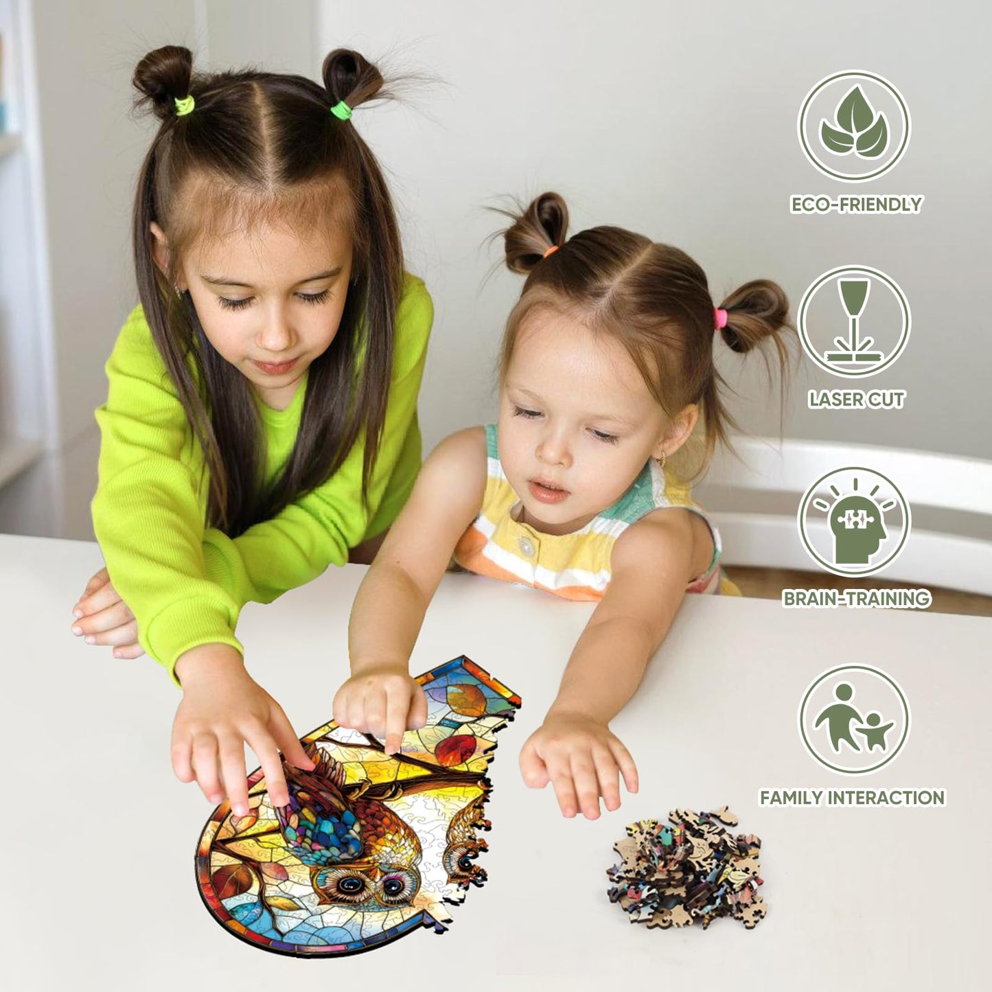Stained Glass Heart Owls 500 Pieces Wooden Puzzles For Adults Unique Irregular Shape Fun Challenging Birds Puzzles For Kids And