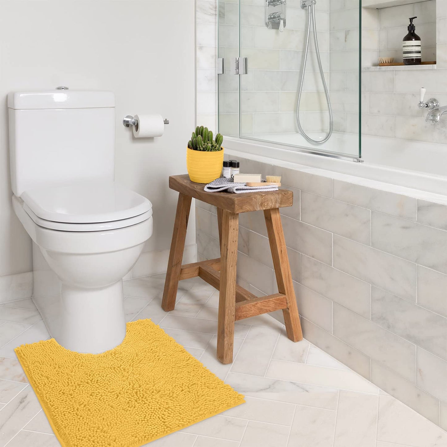 LuxUrux Bath Mat, U-Shaped contoured Rug for Around Toilet, Super Absorbent Shaggy Bath Rug Machine Wash  Dry, Yellow