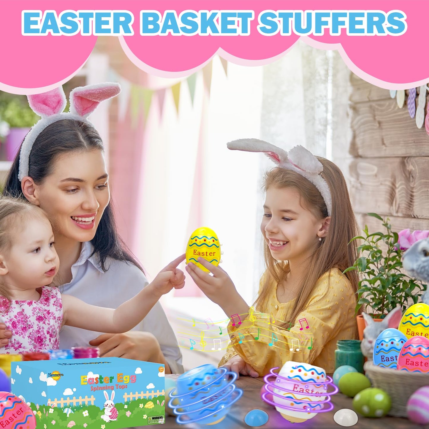 Easter Party Favors Basket Stuffers For Kids 12 Pack, Light Up Easter Egg Spinning Top Toys Gifts With Music For Toddlers, Goodi