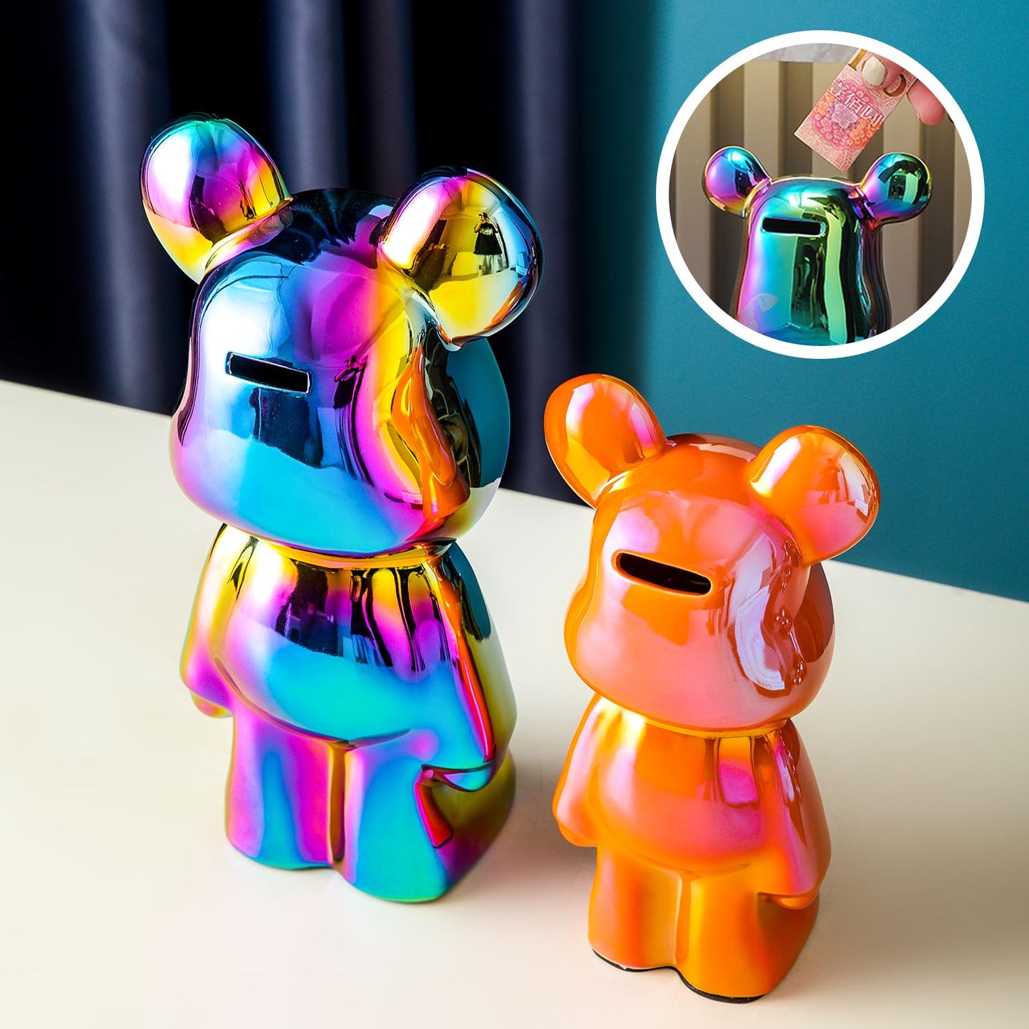 Yundu Ceramic Piggy Bank For Kids And Adults - Coin Bank For Girls And Boys - Silver Love Bear Decoration - Modern Décor, Hypebeast Room Décor - Gifts For Birthdays
