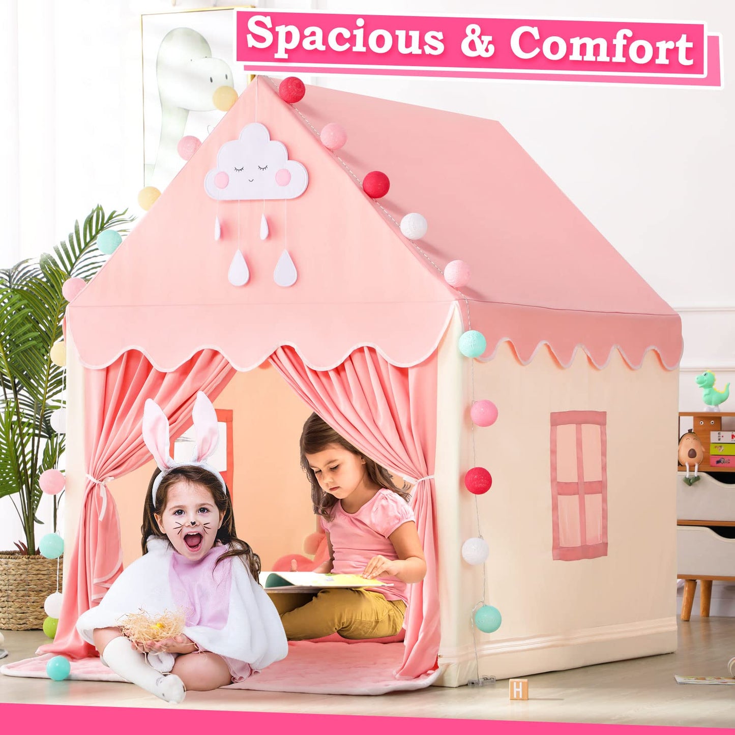SISTICKER Kids Play Tent with Mat - Large Fairy Princess Castle, 47x41x51in, Pink Beige, Polyester, Model KP-CH-042