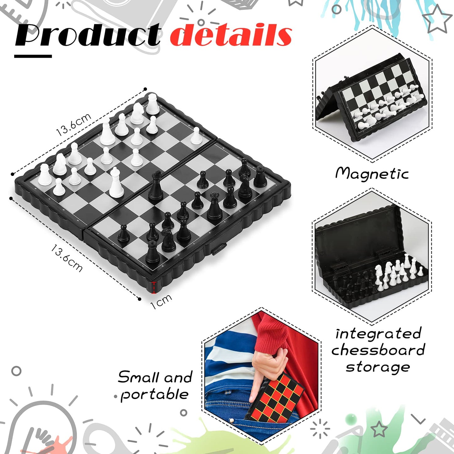 Charniol Magnetic Travel Chess Set Checkers With Portable Folding Chess Board Educational Toys For Family Board Games, 2 Pcs (Stylish Style)