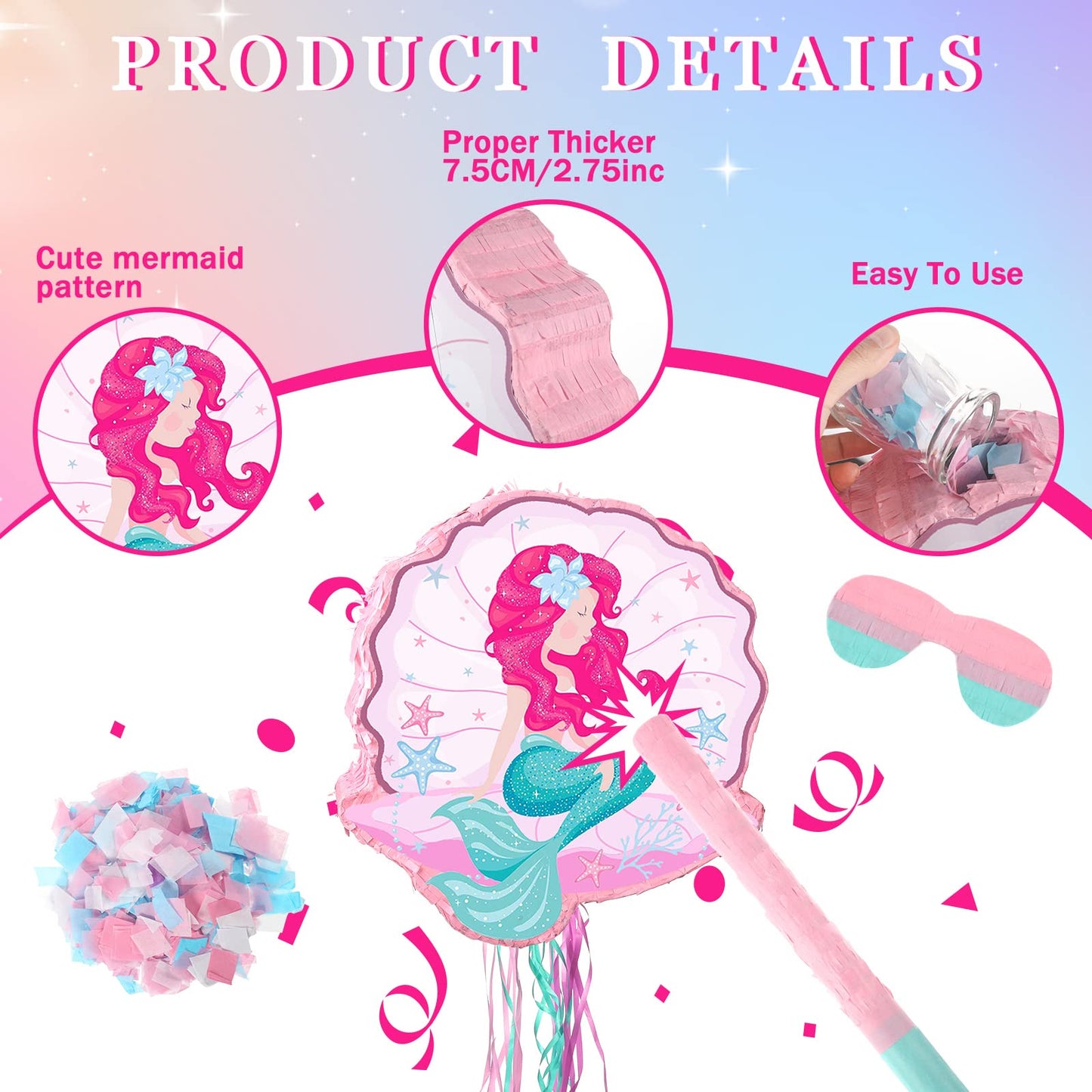 Ferraycle Mermaid Piata for Birthday Party Girl, Mermaid Party Supplies Piata with Blindfold, Bat and Confetti, Sea Ocean Theme