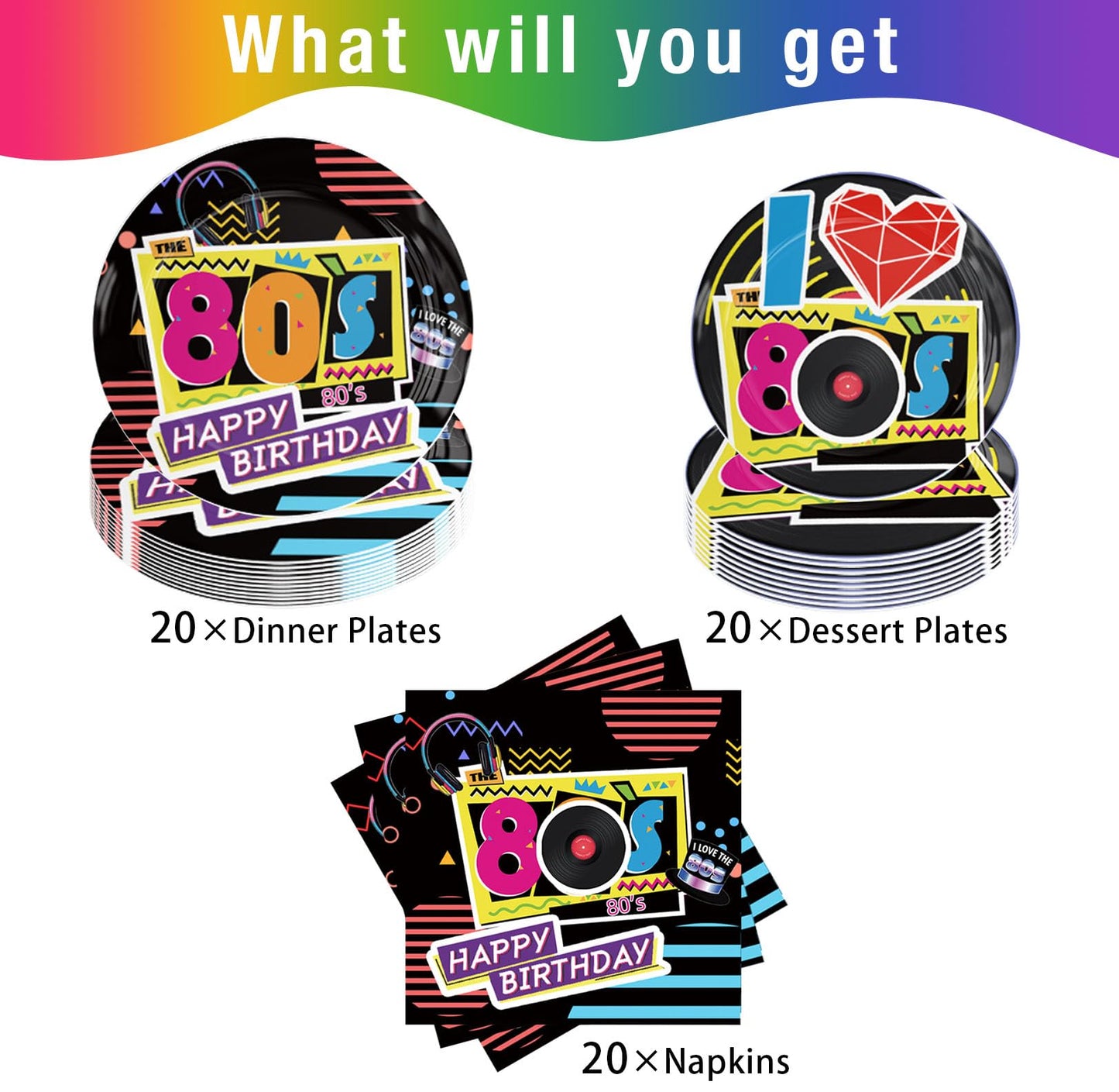 PGSWEER 60pcs Back to 80s Party Plates I Love 80s Disco Rock Party Plates Napkins Retor 80s Themed Birthday Paper Plates Suppli