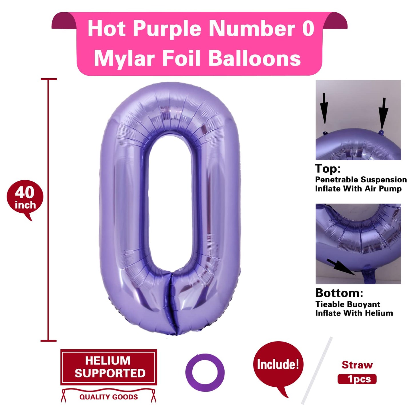 40 Inch Giant Purple Number 0 Balloon, Helium Mylar Foil Number Balloons For Birthday Party, Birthday Decorations For Kids, Anni