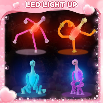 Dinosaur Led Pop Tubes,Valentines Day Gifts For Kids,4 Pack Dinosaur Fidget Toys,Sensory Toys Gifts For Boys Girls,Dinosaur Vale