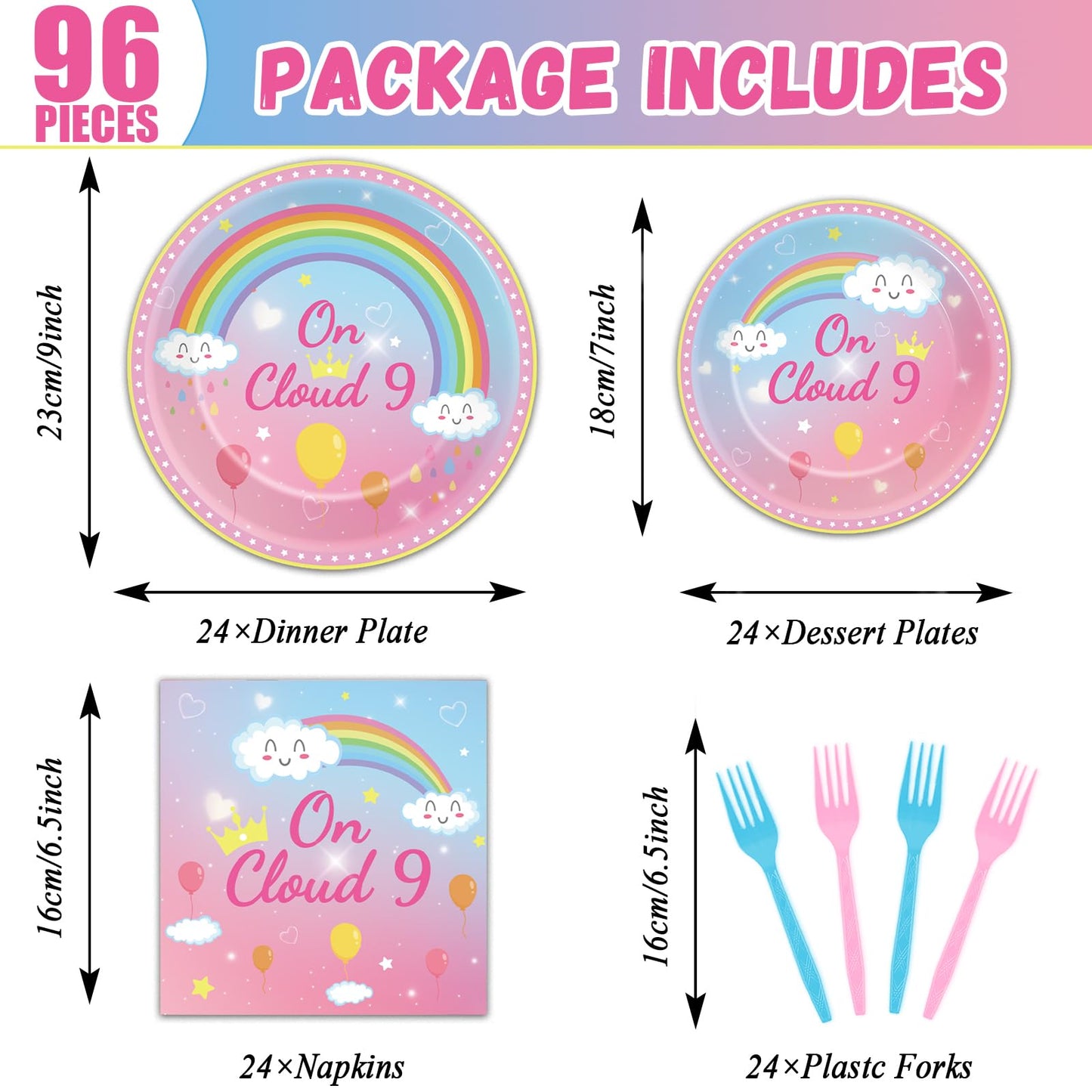 96 Pcs On Cloud 9 Birthday Decorations For Girls On Cloud 9 Party Plates And Napkins Supplies 9Th Birthdaytableware Set Rainbow