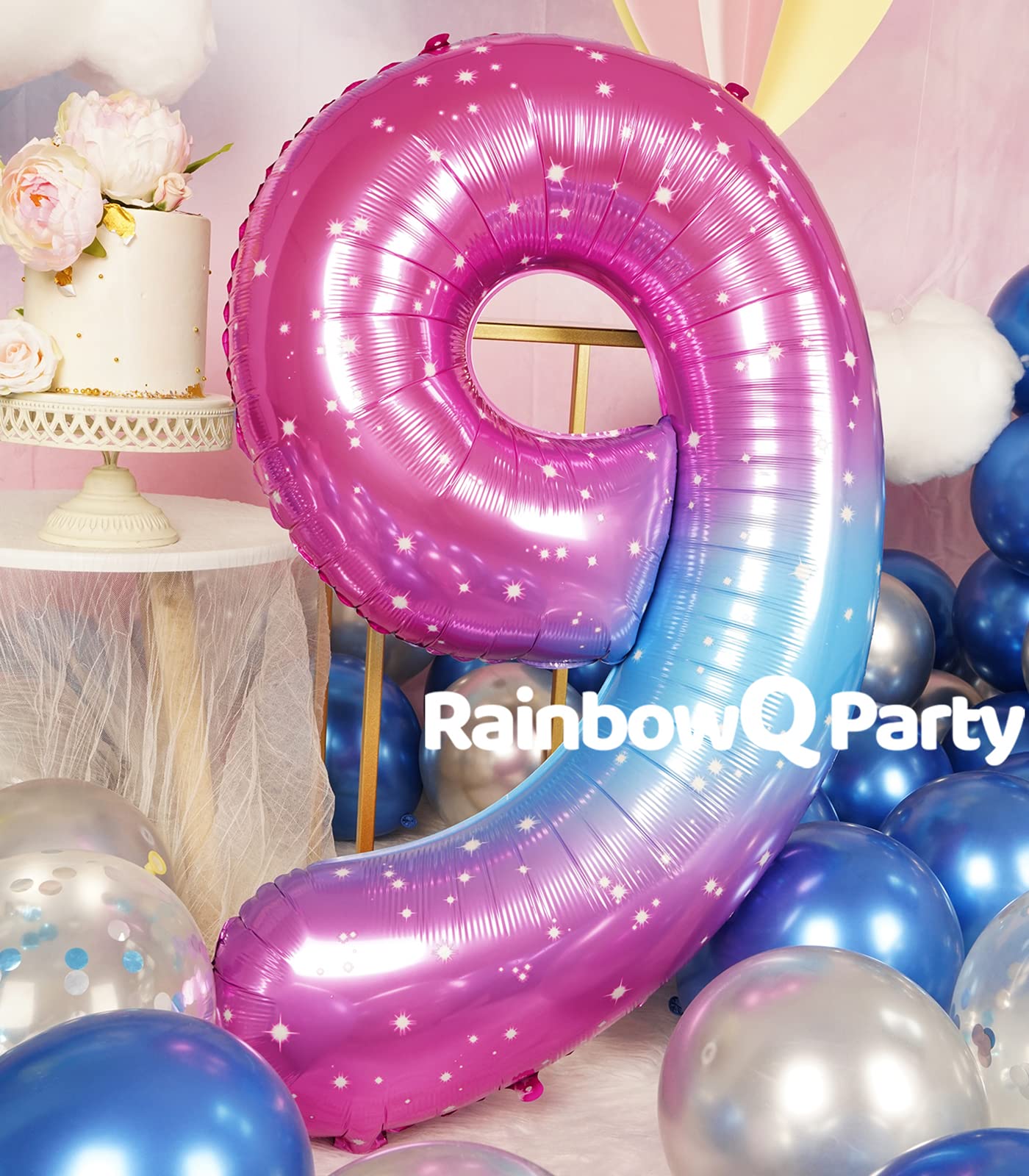 Rainbowq 9 Balloon Number 40 Inch For Boy Or Girl Big Starry 0-9 Foil Mylar Large 9 Number Balloon Happy 9Th Birthday Party Anni
