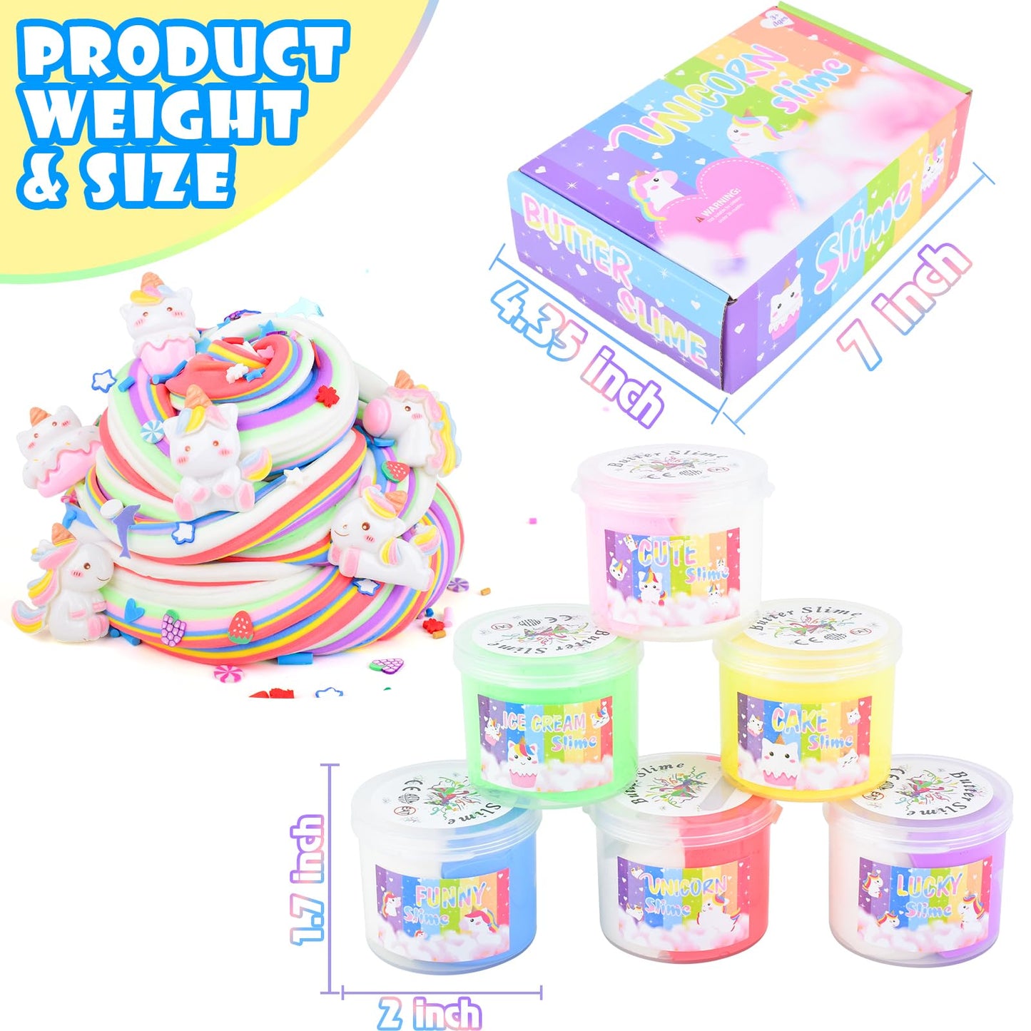 6 Pack Butter Slime Kit  with Unicorn Slime Add Ins  Soft Non-Sticky  Butter Slime Party Favor for Girls & Boys  Classroom Rewards  Stress Relief Toy  Birthday Gifts for Kids