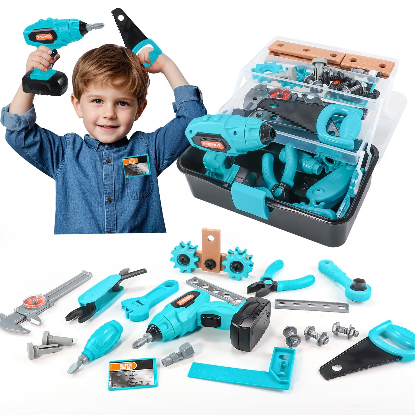 GAIETYDIY Kids Tool Set - Pretend Play Toddler Tool Set with Tool Box, Electronic Toy Drill, Screwdriver, Screw Construction Kit