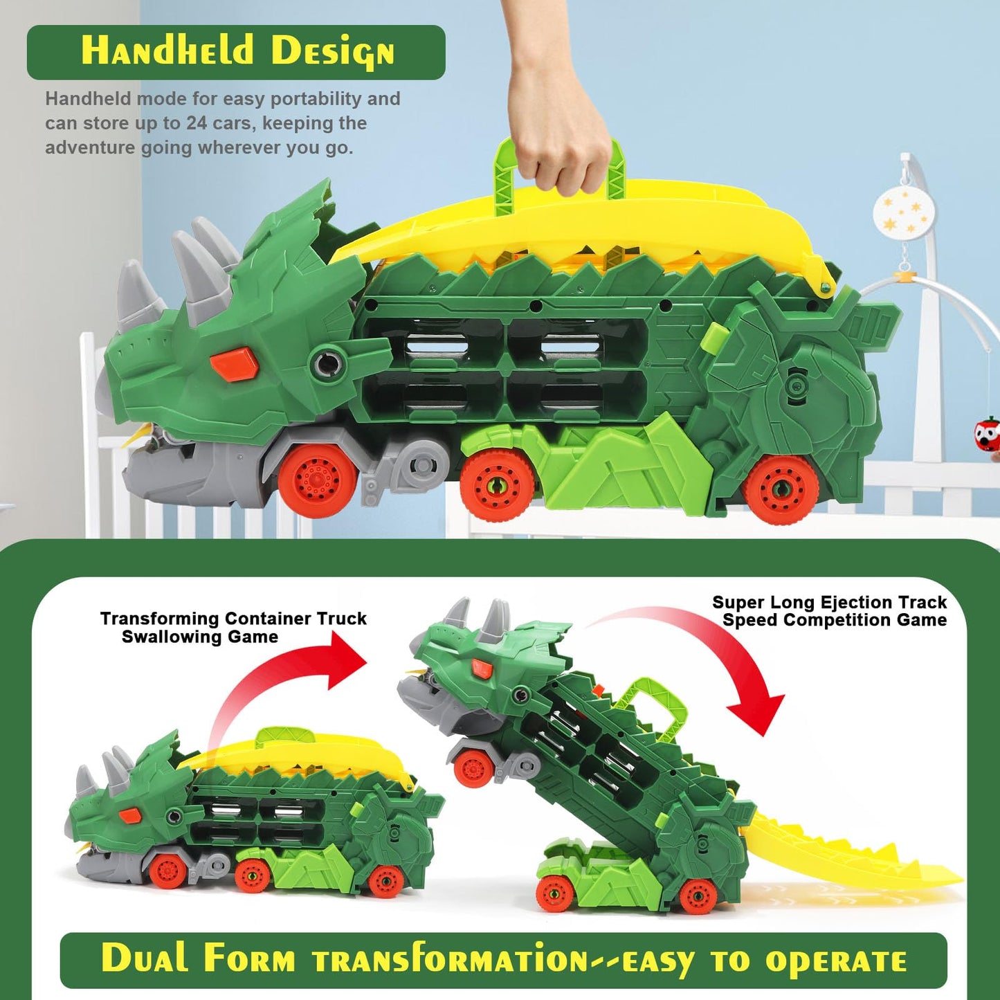Transformer Dinosaur Truck Toys For Kids Ages 3-7, Foldable Car Transporter With Race Track, Triceratops Transport, With 8 Cars