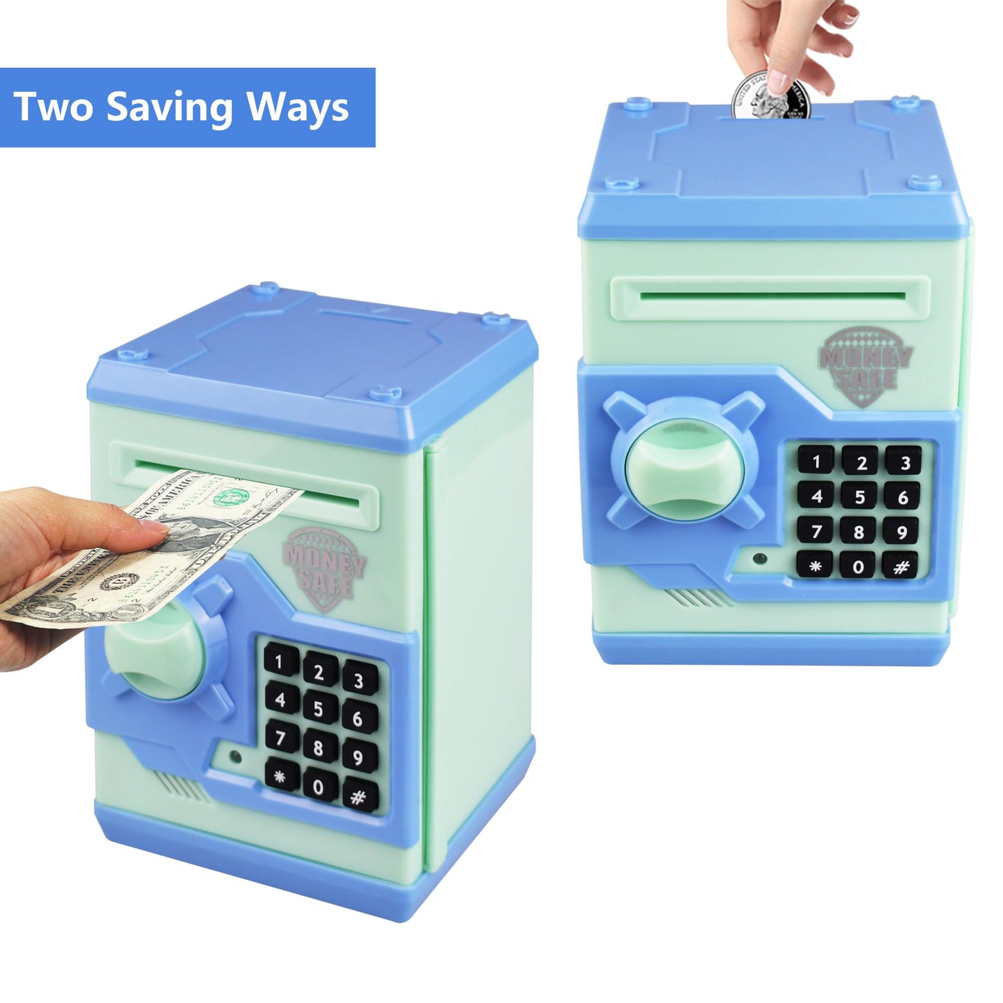 Cargooy Mini Atm Piggy Bank Atm Machine Best Gift For Kids,Electronic Code Piggy Bank Money Counter Safe Box Coin Bank For Boys Girls Password Lock Case (Cyan)