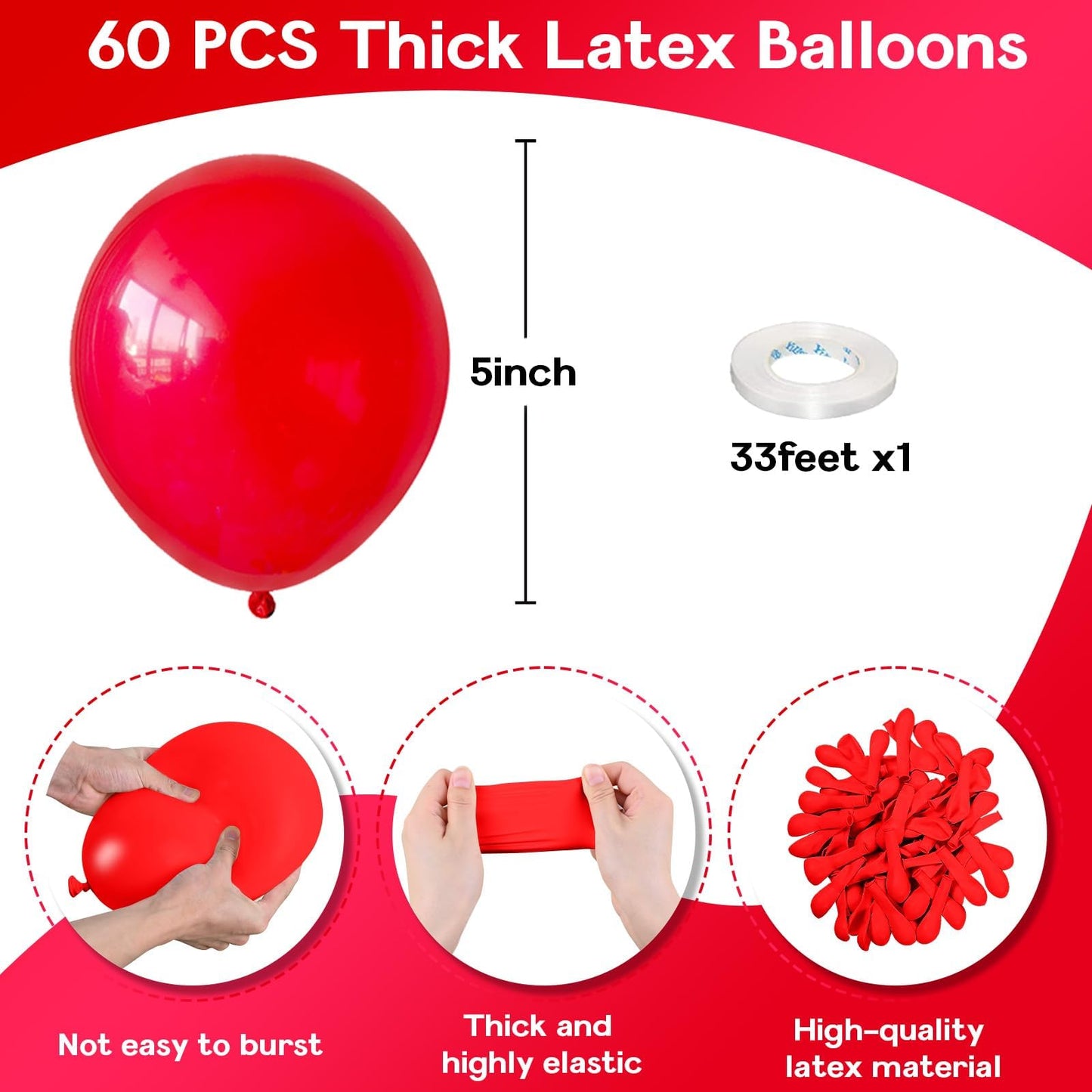 Jobkoo Red Balloons 5 Inch, 60Pcs Small Red Latex Balloon Matte Red Balloons For Balloon Arch Garland 5'' Mini Red Party Helium