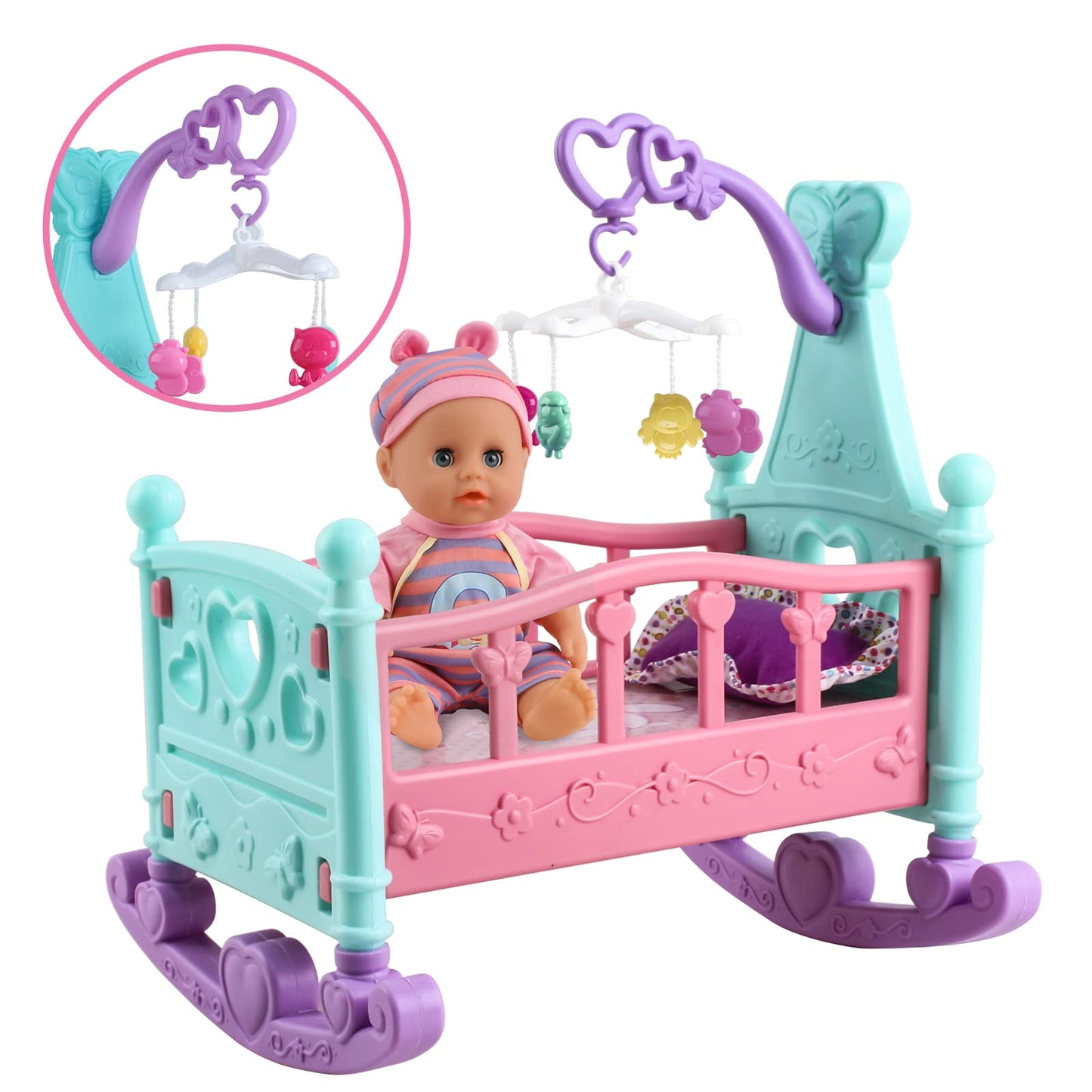 Deao 12” Baby Doll Play Set With Crib, Mobile, High Chair Feeding Accessories, Interactive Dolls For Girls Kids Pretend Play Baby Dolls 21 Pcs