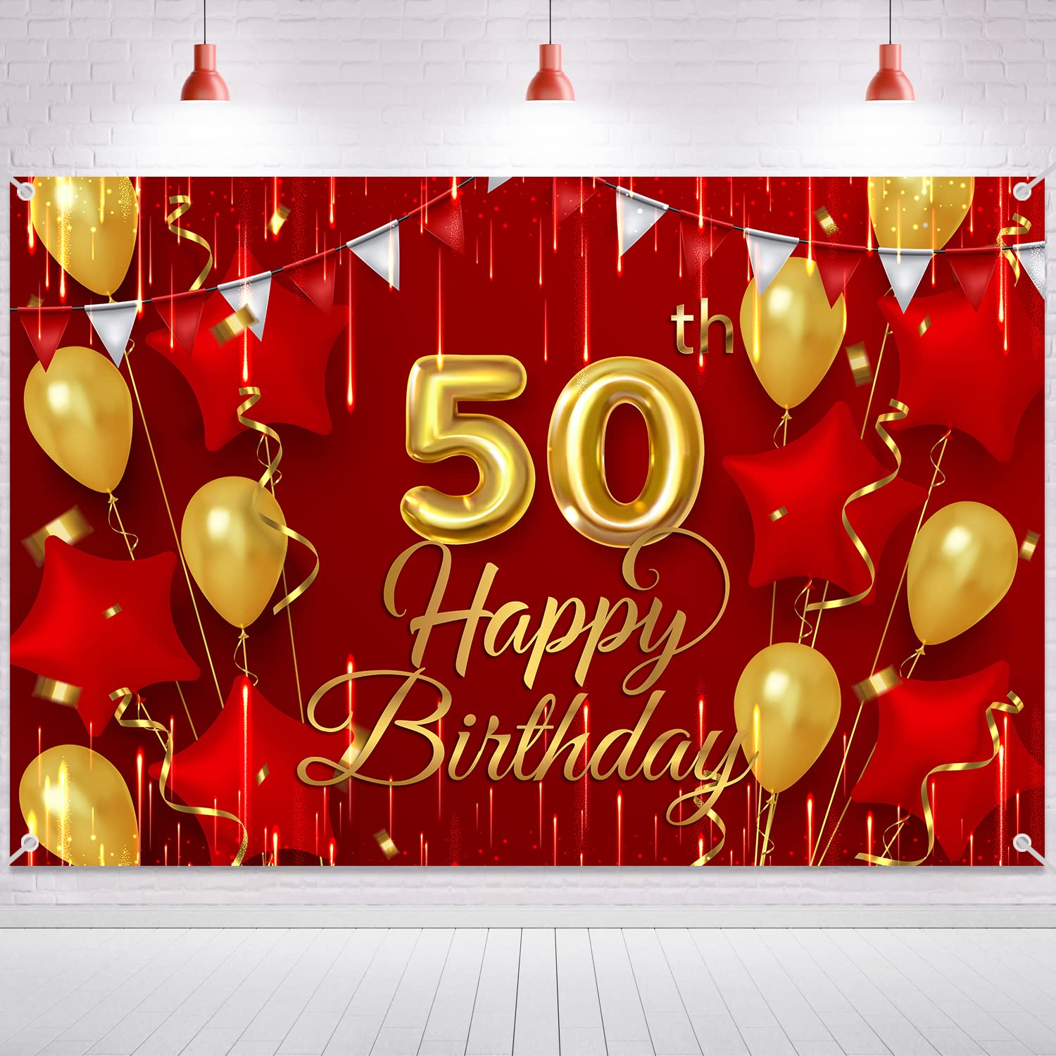 50th Birthday Backdrop Banner Decorations Red and Gold for Women Men Happy 50 Years Old Bday Background Photography Party Decor 