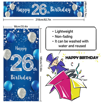 Happy 26Th Birthday Door Cover Porch Banner Sign Set - 26 Years Old Birthday Decoraions Party Supplies For Men - Blue