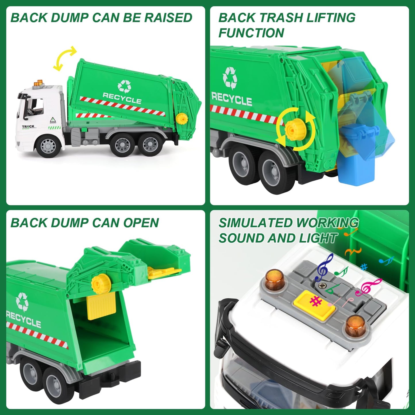 Mscredse 11.8'' Garbage Truck Toy With Dumping Function, Friction Powered Trash Truck Toy, Sound And Lights For Age 3-7 Years Ol