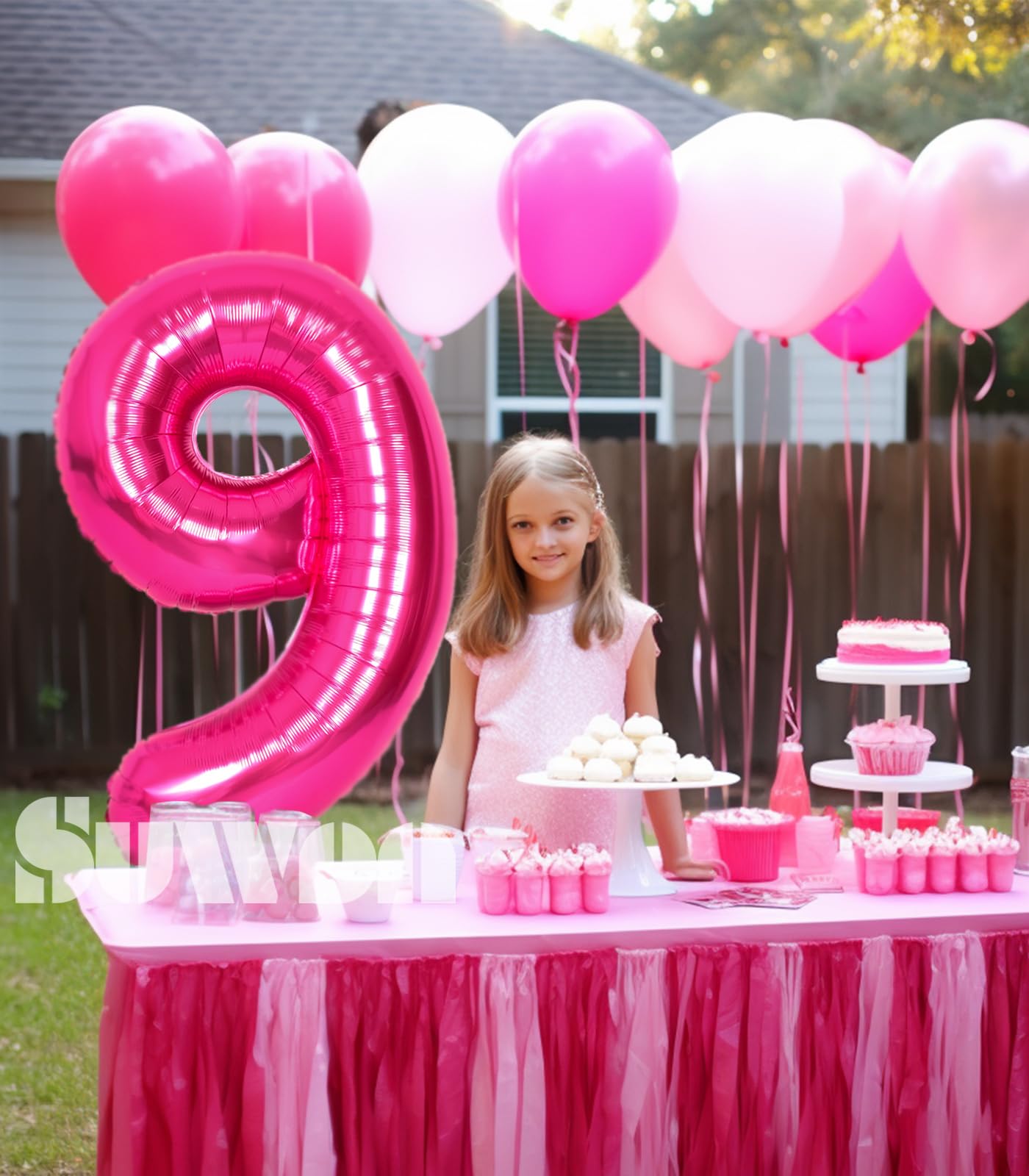 Suwen 40 Inch Hot Pink Large 9 Number Balloons Big Foil Helium Number Balloons 0-9 Jumbo Happy 9Th Mylar Birthday Party Decorati