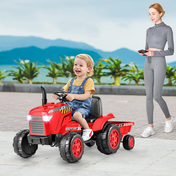 Costzon 2-In-1 Ride On Tractor, 12V Kids Ride On Car W/Detachable Trailer, Remote Control, Wireless Connection, Horn, Music/Lights/Spring Suspensions, Tractor Toys For Kids (Plastic Tires, Red)