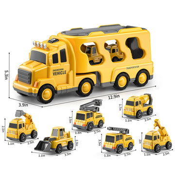 Temi Construction Truck Toys Cars For Toddlers 3-5 - 7-In-1 Friction Powered Vehicle Toy 3 4 5 6 Year Old Boys, Carrier Transpor