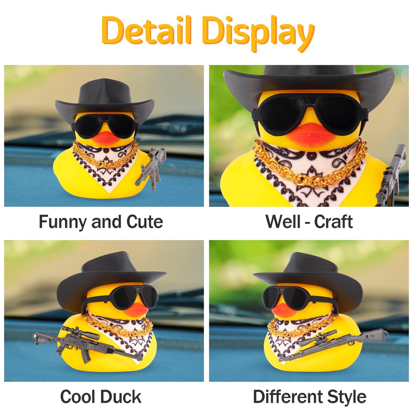 wonuu Car Rubber Duck Ornament Cool Car Accessories Duck Car Dashboard Decoration Special Prop Cowboy Hat Necklace, SKS
