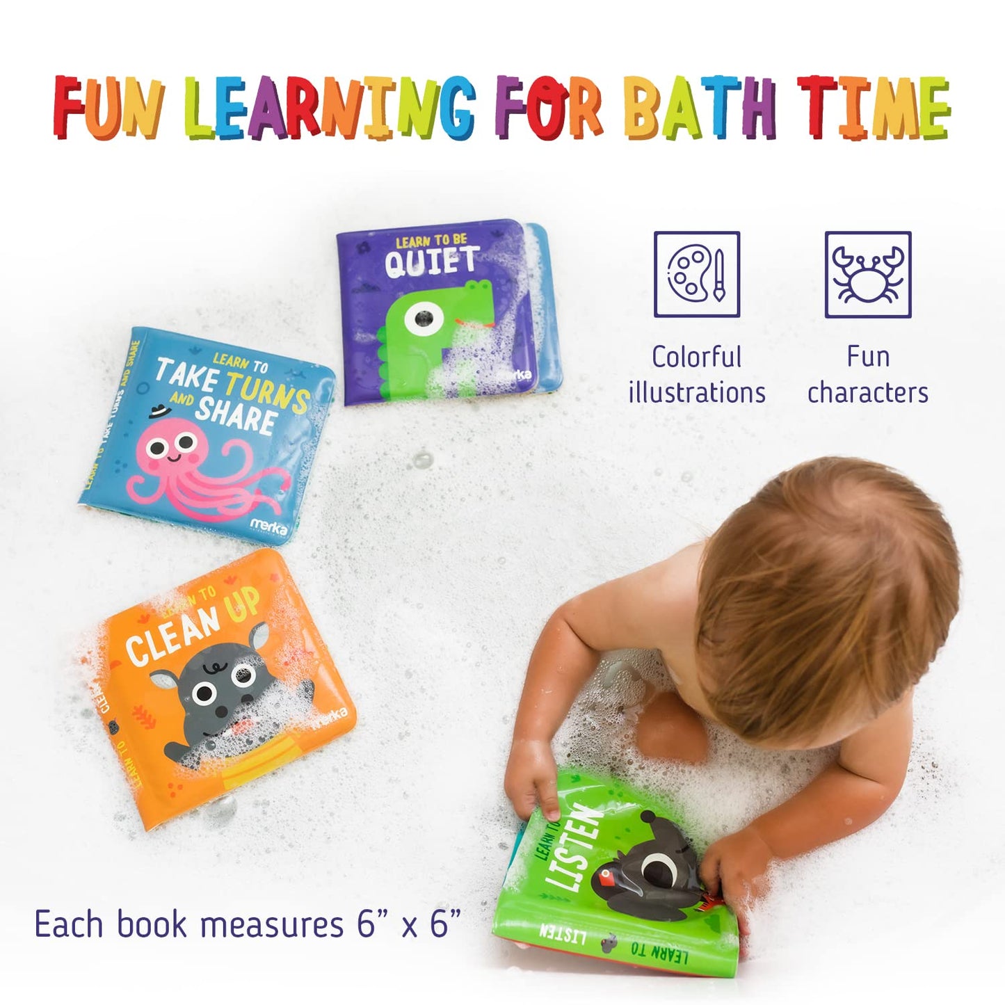Merka Baby Bathtub Bath Toys For Toddler Baby Bath Toys Baby Books 4 Plastic Book Take Turns Clean Up Listen Be Quiet Perfect Baby Gifts For Sharing And Learning
